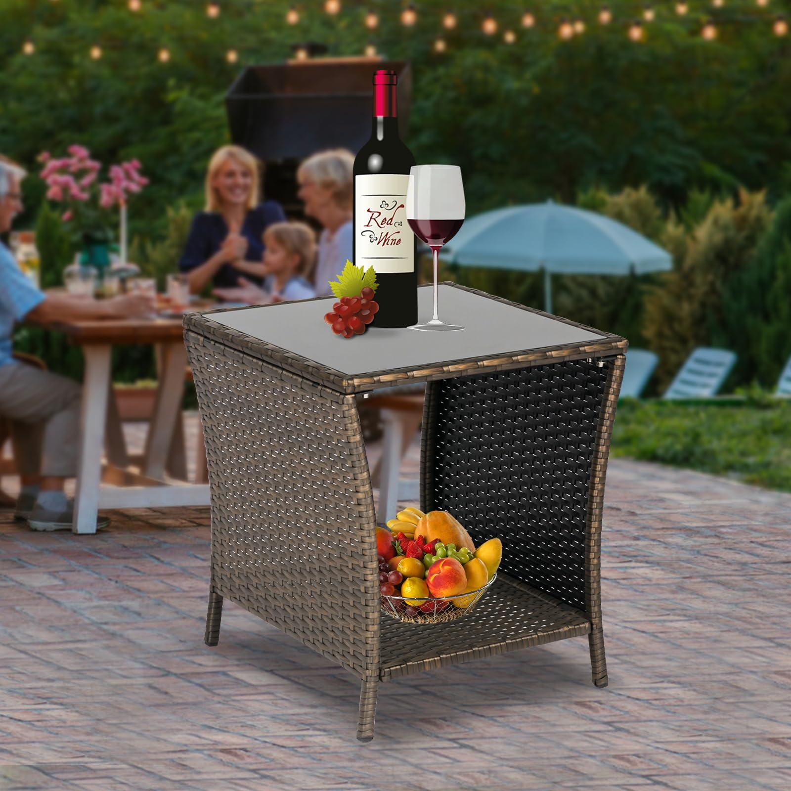 Kinbor Outdoor Side Table Set of 2 - Wicker Patio Side Tables with Storage Shelf & Tempered Glass Top for Easy Cleaning, Dark Blonde - Perfect for Poolside, Garden, Patio, and Balcony Furniture