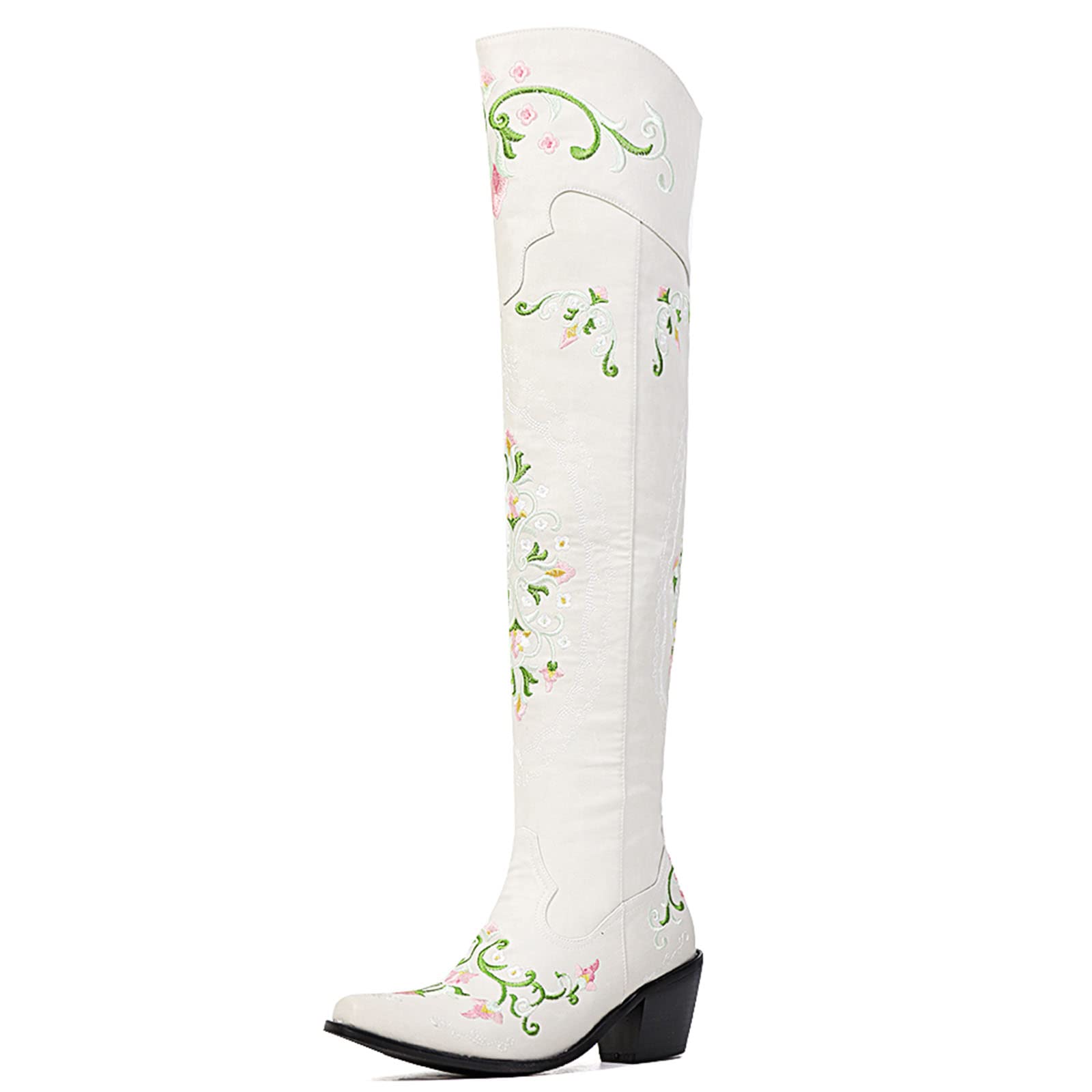**SaraIris Women's Cowgirl Boots – Knee High Denim Boots with Chunky Heel, Pointed Toe & Floral Embroidery – Western Cowboy Boots for Women | Perfect for Rodeo, Country Dance & Fashion Outfits**