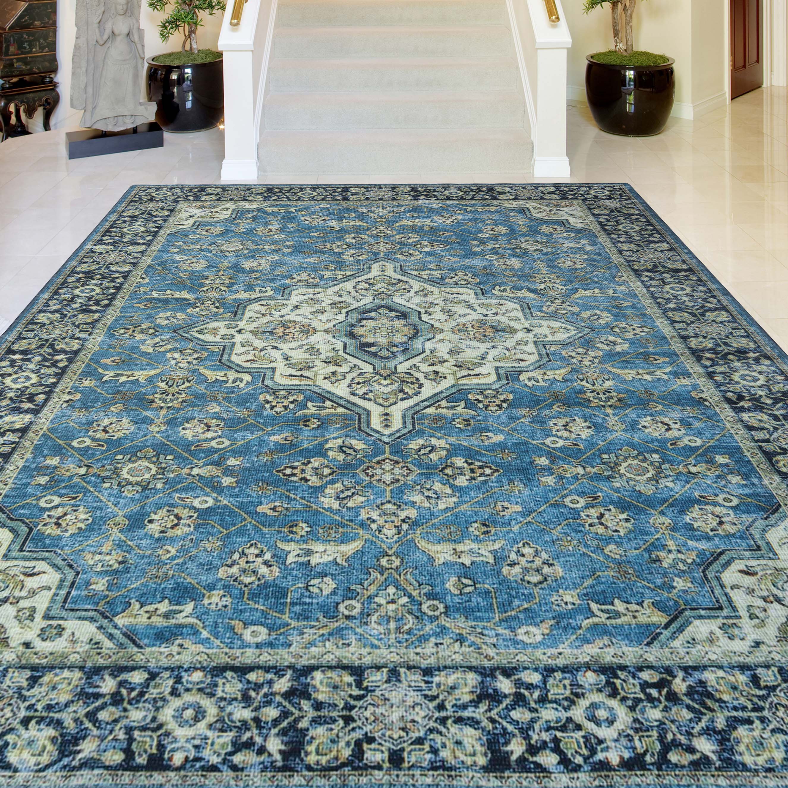 Jay Damask Medallion Bordered Washable Indoor Area Rug - Non-Slip Living Room Carpet, Bedroom Runner for Home Decor | Perfect for Hallways, Entryways & Cozy Spaces