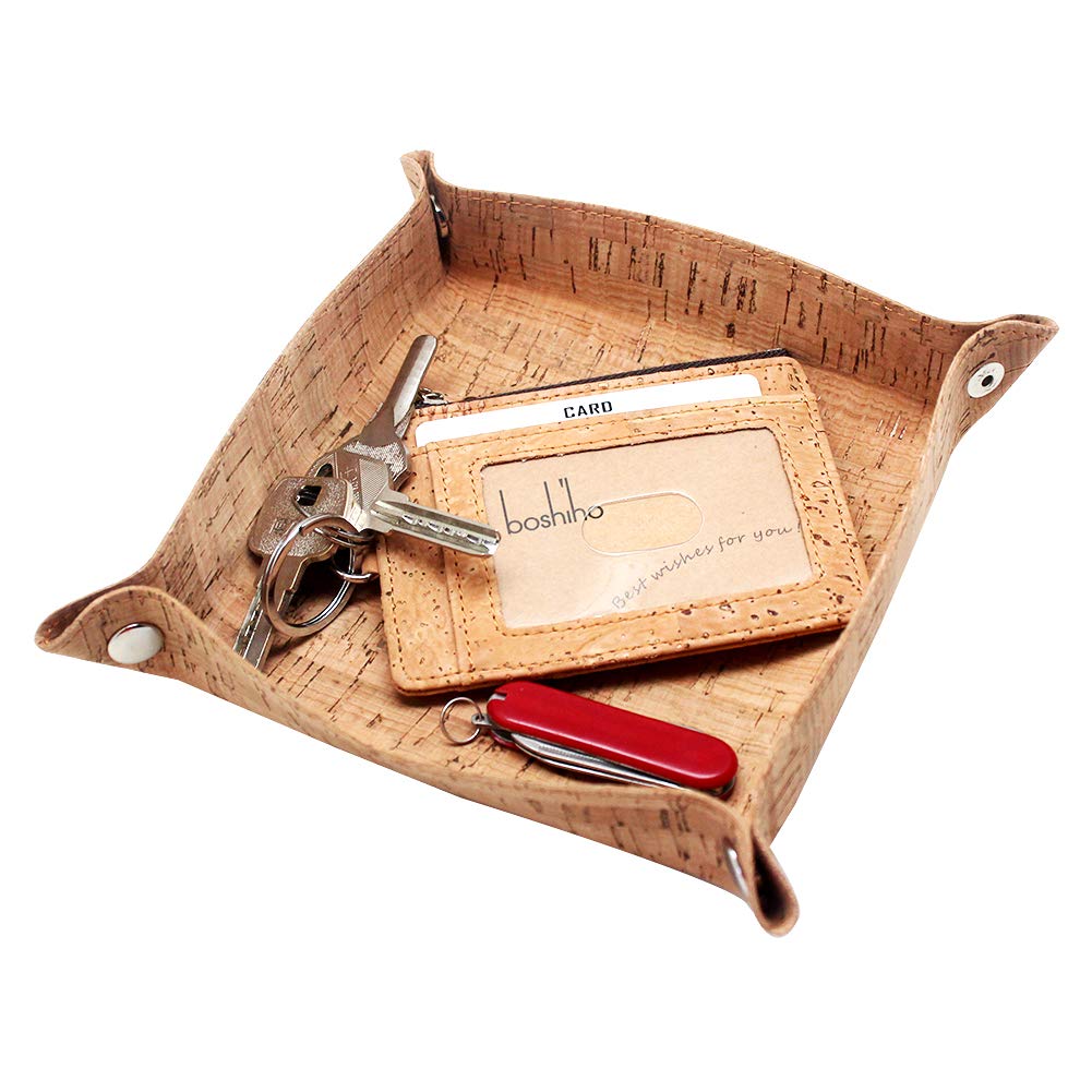 Boshiho Natural Cork Valet Tray for Men - Jewelry, Keys, Phone & Coin Organizer - Bedside Storage Box for Watch, Wallet & Essentials (Eco-Friendly Cork) | Perfect for Nightstand, Dresser & Entryway Organization