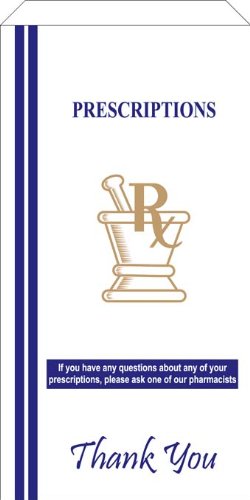BioRx Laboratories White Prescription Bags 5x2x10 Inches with Gold & Blue Thank You Print - Pack of 100 (Rx/Medicine/Paper Bags) for Pharmacy, Lunch, Party Favors & Gift Packaging