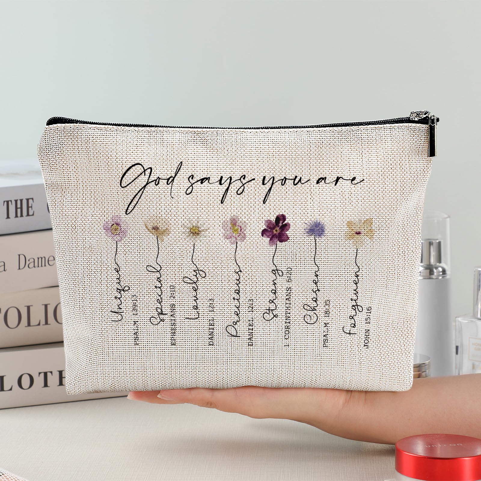 Christian Inspirational Bible Verse Makeup Bag for Women - Floral Religious Cosmetic Case with God Says You Are Quote - Perfect Sister & Friend Gift, Christian Affirmations Present, Birthday Gift Idea for Church, Bible Study & Daily Encouragement