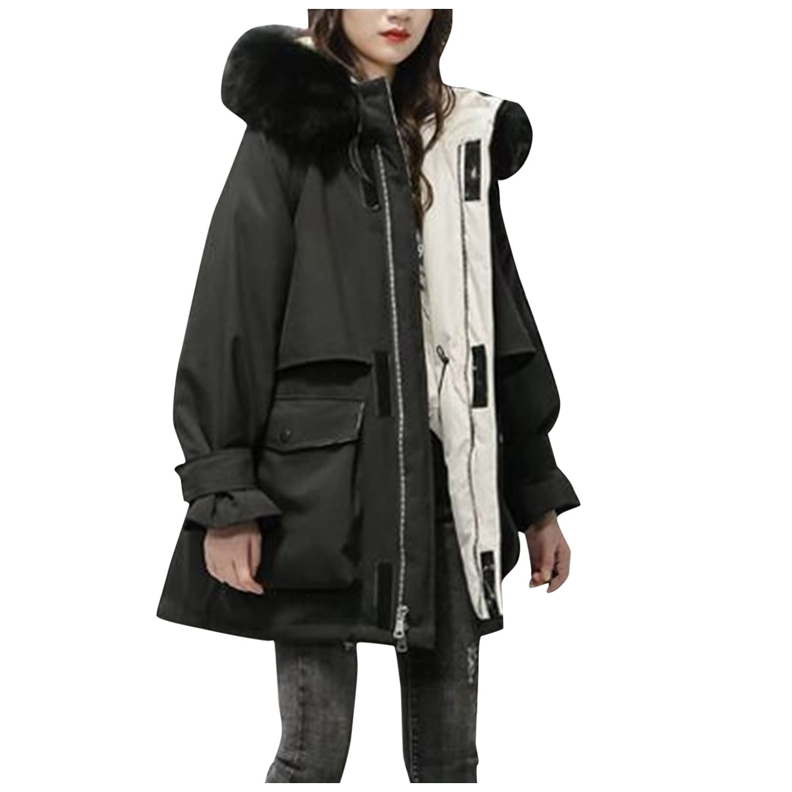 Women's Winter Fashion Jacket - Long Plush Collar Cotton-Padded Hooded Coat with Pockets & Zipper for Outdoor Activities and Daily Wear