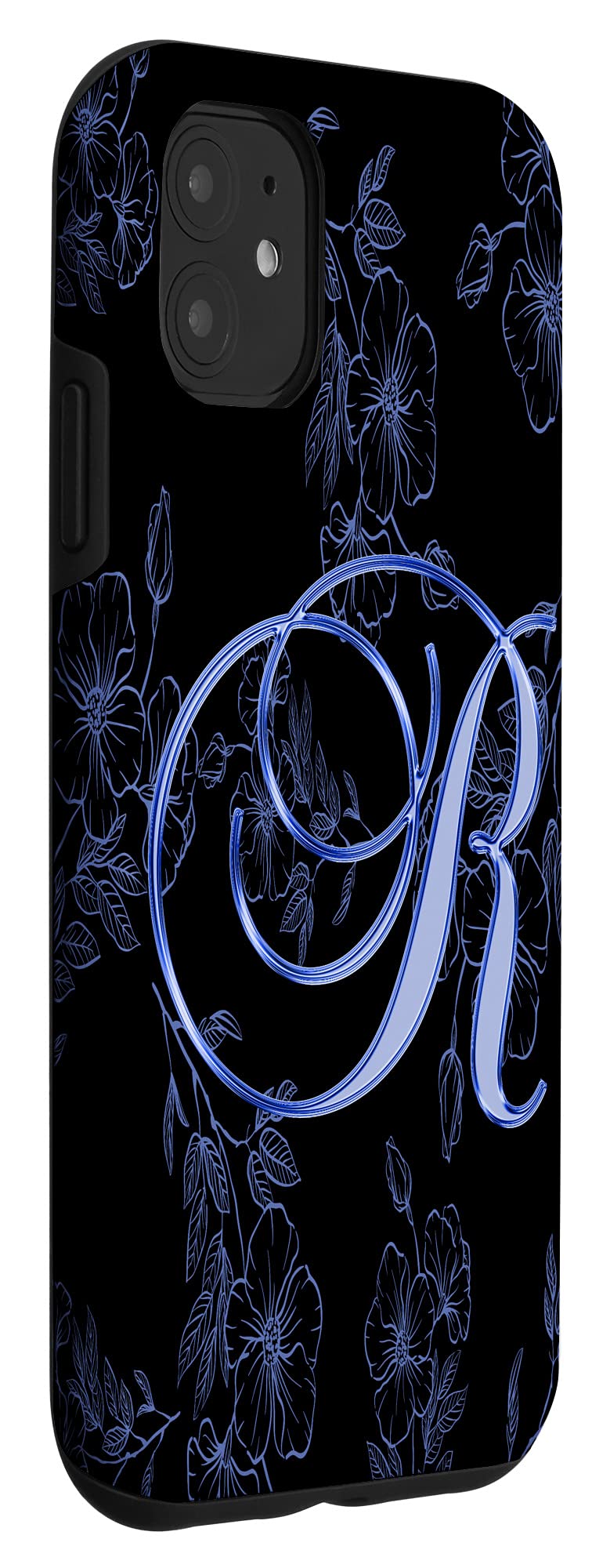 iPhone 11 Case - Blue Floral Garden Design with Leaf Patterns, Personalized Name Initial Letter Cover | Perfect for Everyday Use, Gift Giving & Spring Aesthetic