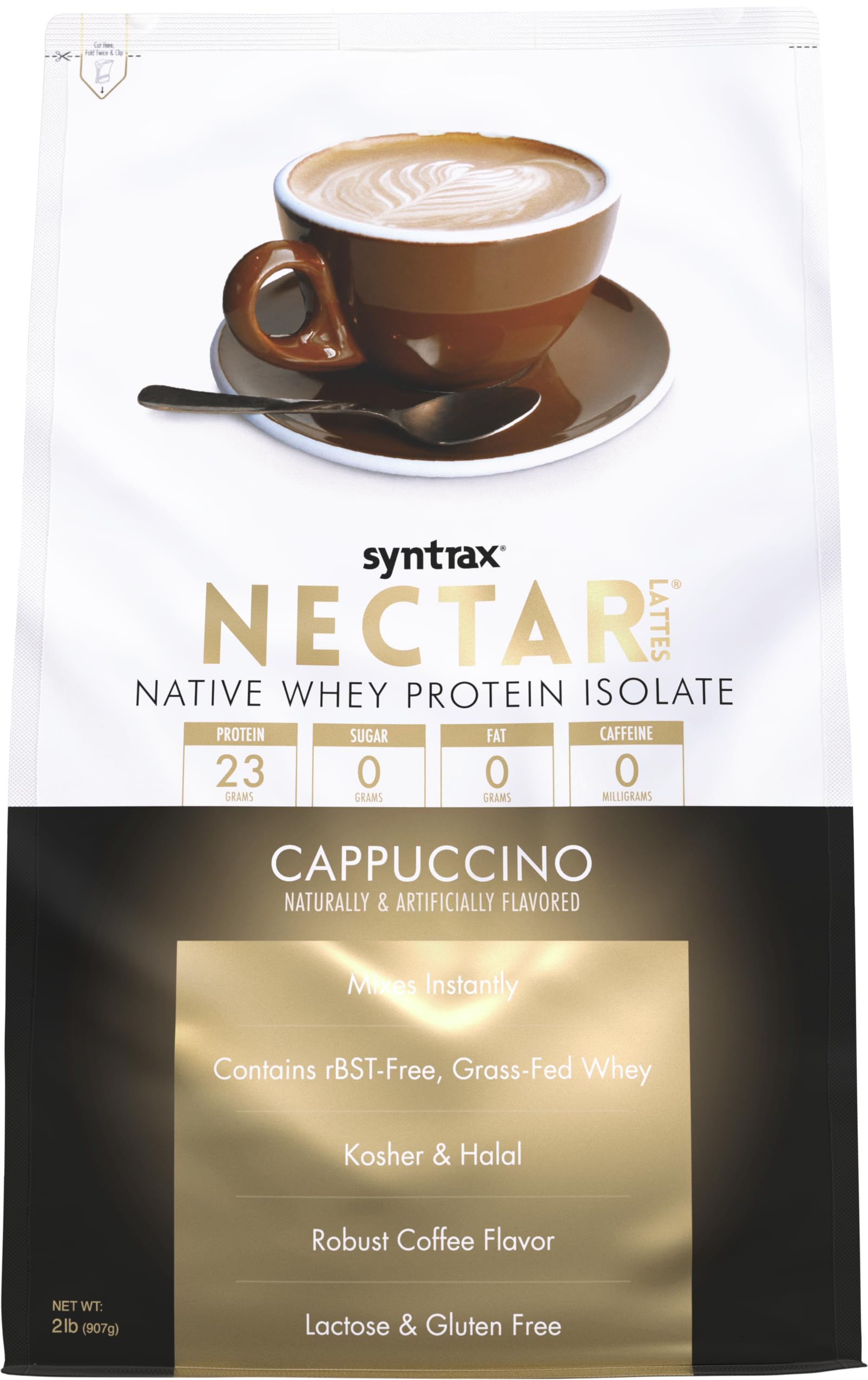 Syntrax Nutrition Nectar Lattes - 100% Whey Protein Isolate Powder, Cappuccino Flavor, 2 lb (907g) for Post-Workout Recovery & Healthy Breakfast Smoothies