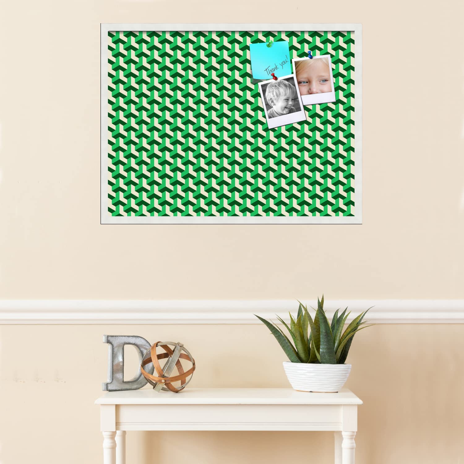 PinPix 32x24 Inch Cork Bulletin Board with BAUS Green Beige Design & Satin White Frame - Decorative Framed Pin Board for Home Office School Wall Organization - Perfect for Notes, Photos, Reminders & DIY Projects