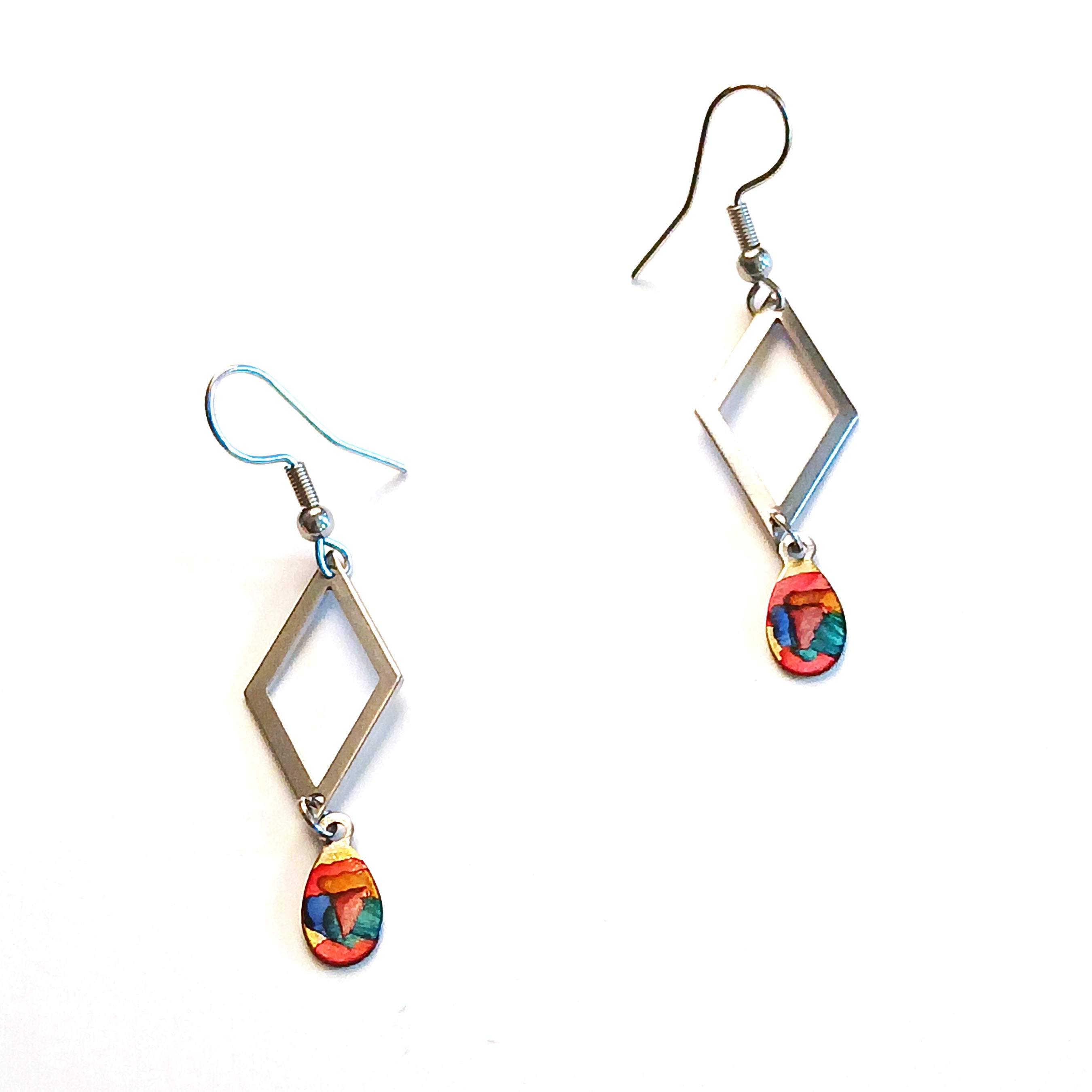 Stainless Steel & Ink Open Diamond Earrings - Red | Elegant Dangle Earrings for Women | Perfect for Parties, Weddings & Date Nights