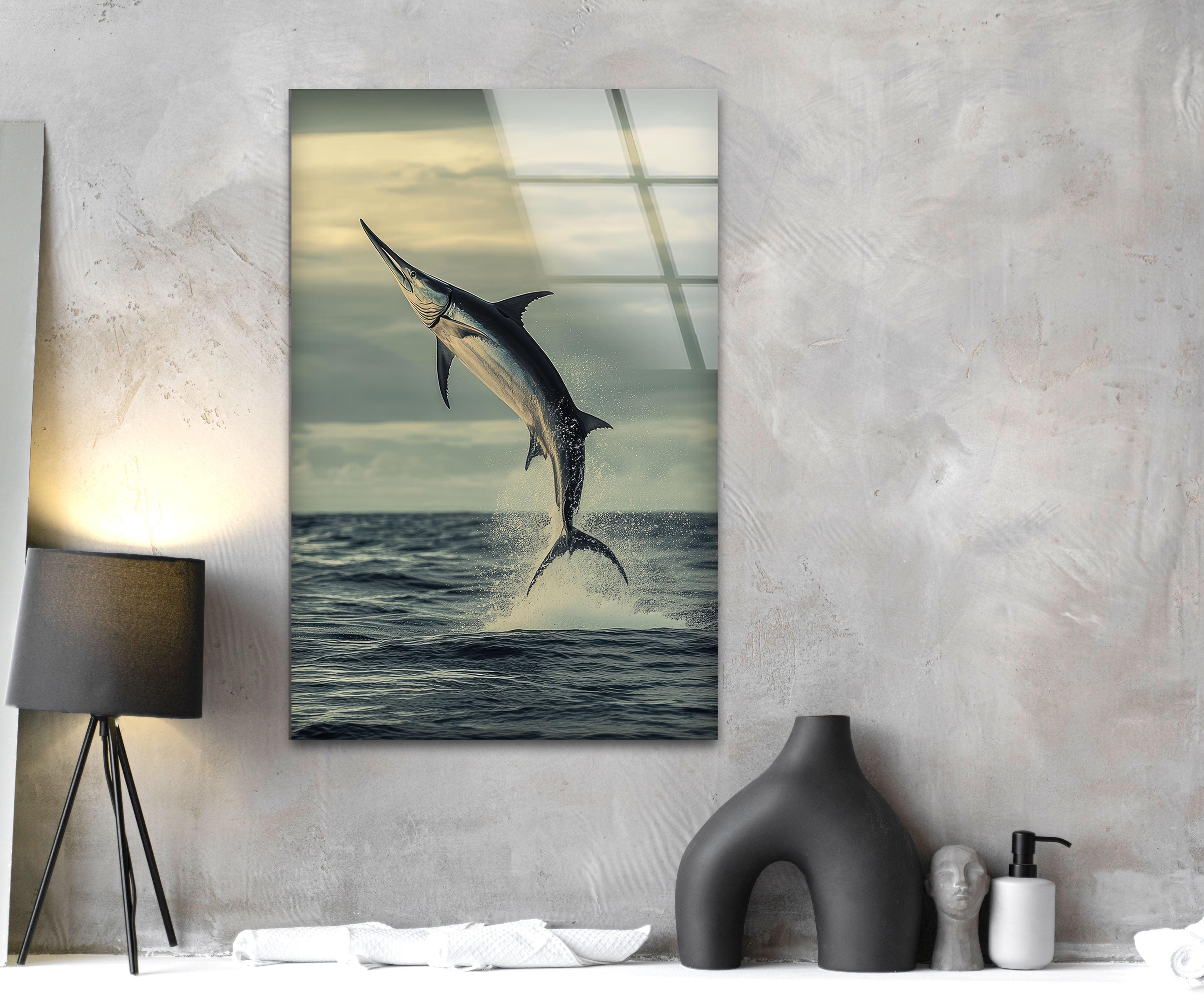 Handcrafted Swordfish Glass Wall Art - Ocean Themed Home Decor for Living Room, Bedroom & Office - Unique Sea Life Gift Idea