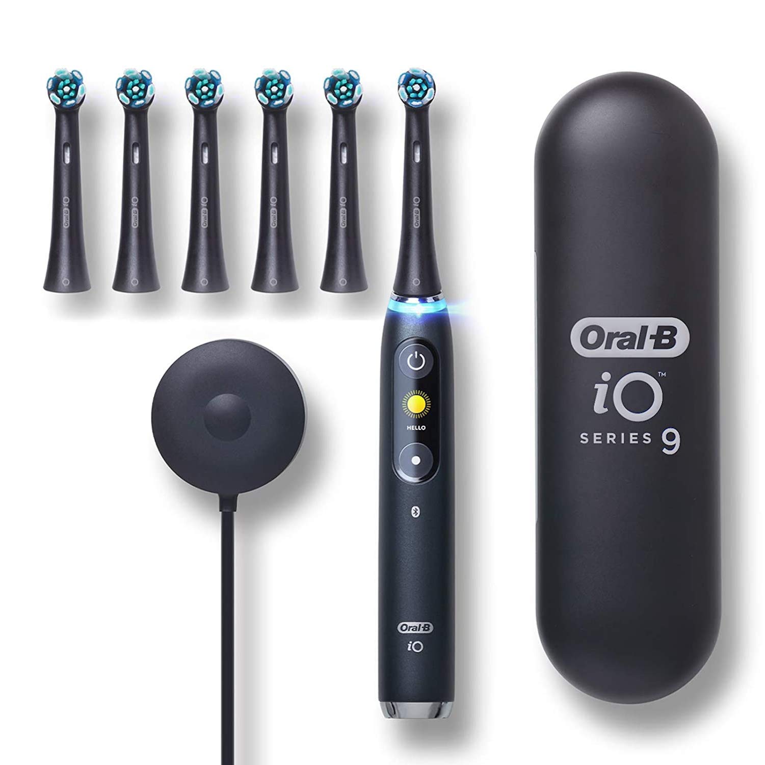 Oral-B iO Series 9 Electric Toothbrush with 6 Brush Heads, Black Onyx - Advanced Cleaning for Sensitive Teeth & Whitening - Perfect for Travel & Home Use