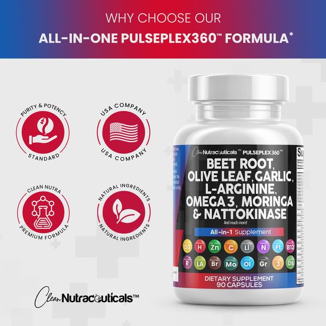 Premium Beet Root Capsules with Olive Leaf, Nattokinase, Garlic Extract & Heart-Healthy Supplements - L-Arginine, Omega 3, Red Yeast Rice, Hibiscus, Danshen - 90 Count for Cardiovascular & Blood Pressure Support - Perfect for Daily Wellness Routine & Active Lifestyle