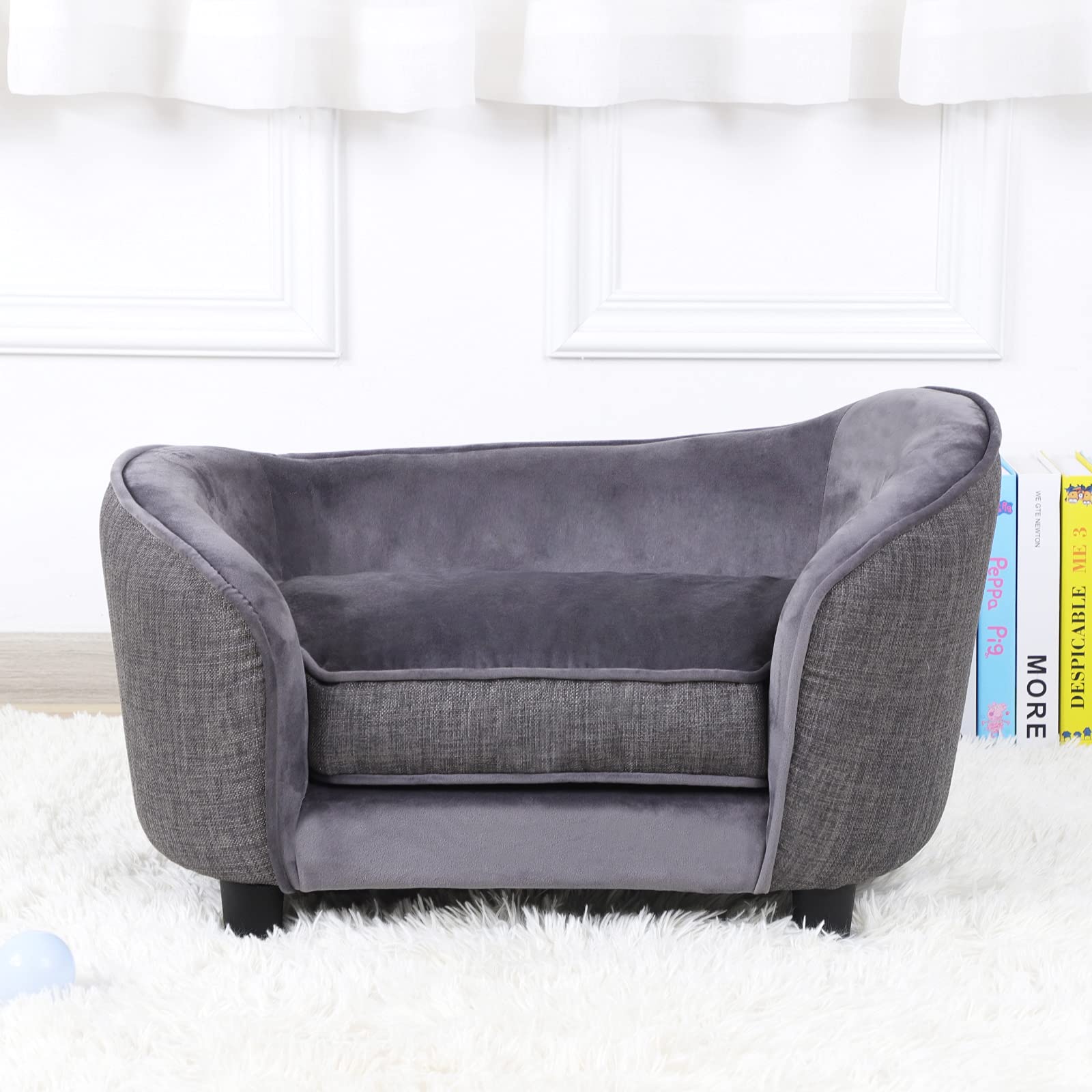 Premium Velvet & Linen Pet Sofa Bed - Washable Dog Couch for Small Dogs & Cats, Comfortable Gray Pet Bed for Living Room, Bedroom & Home Decor