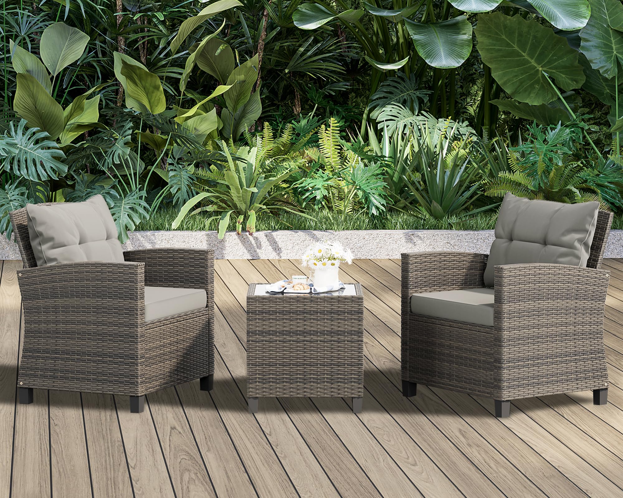 Shintenchi 3-Piece Patio Furniture Set - PE Rattan Wicker Chairs with Table, Outdoor Dining Set for Backyard, Garden, Poolside - Gray Rattan with Gray Cushion | Perfect for Outdoor Entertaining, Relaxing & Dining Al Fresco