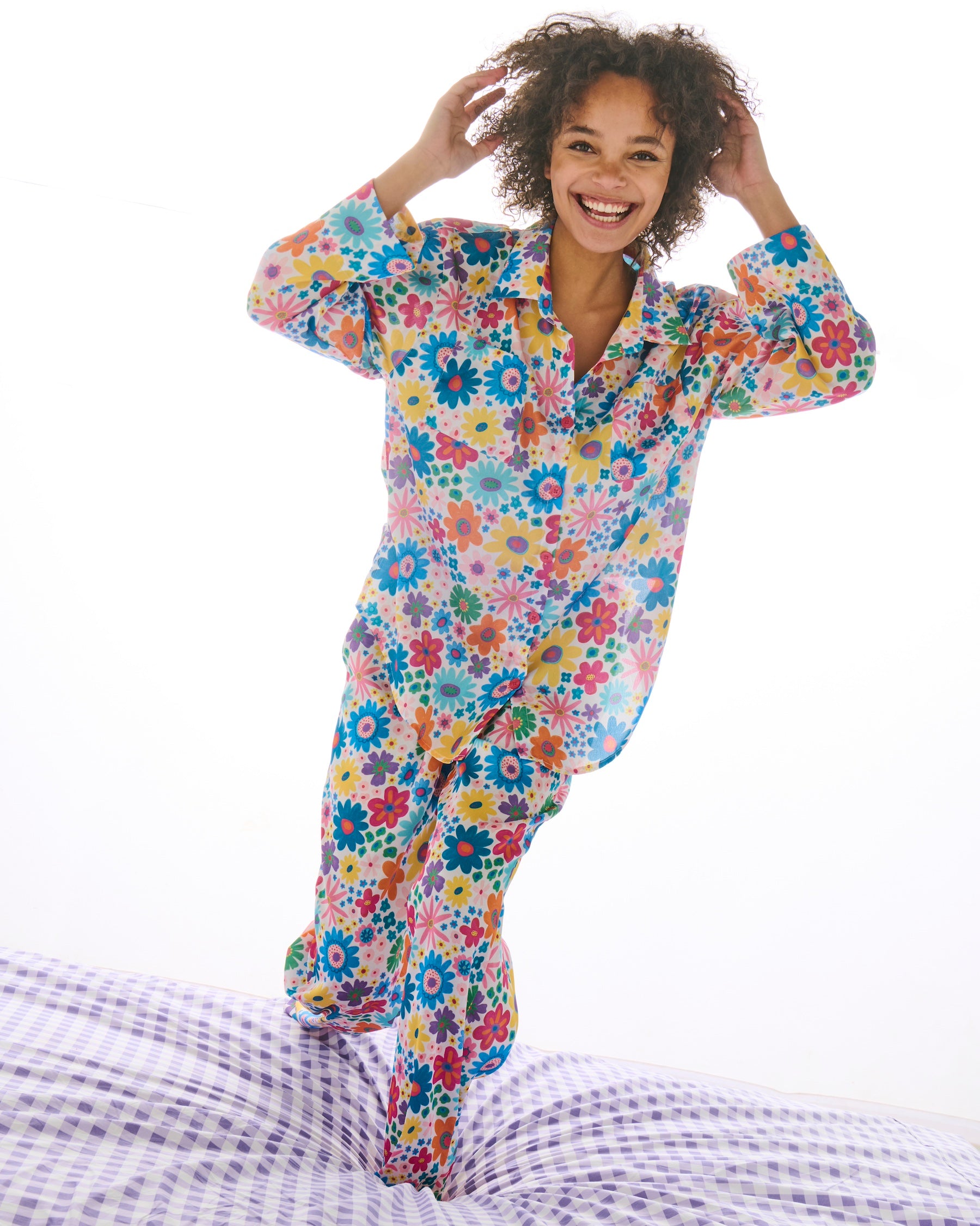 Rainbow Flowers Eco-Friendly Satin Long Sleeve Pajama Set for Women - Soft & Comfortable Sleepwear for Nighttime & Lounge Wear