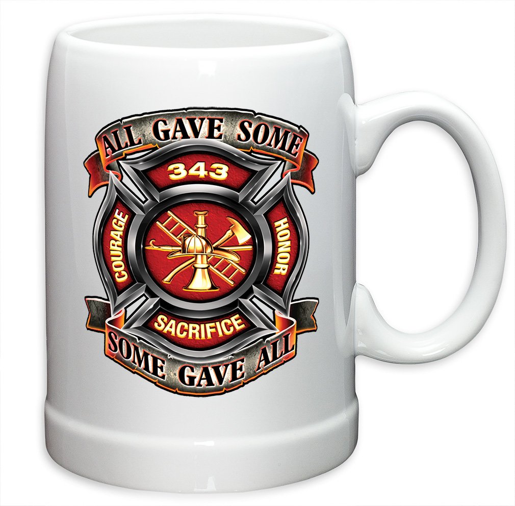 Firefighter Beer Stein Set - 24-Piece 20oz German Stoneware Beer Mugs with 343 Badge Logo, Honor Courage Sacrifice Design - Perfect Firefighter Gifts for Men & Women, Ideal for Parties, BBQ, and Firehouse Celebrations