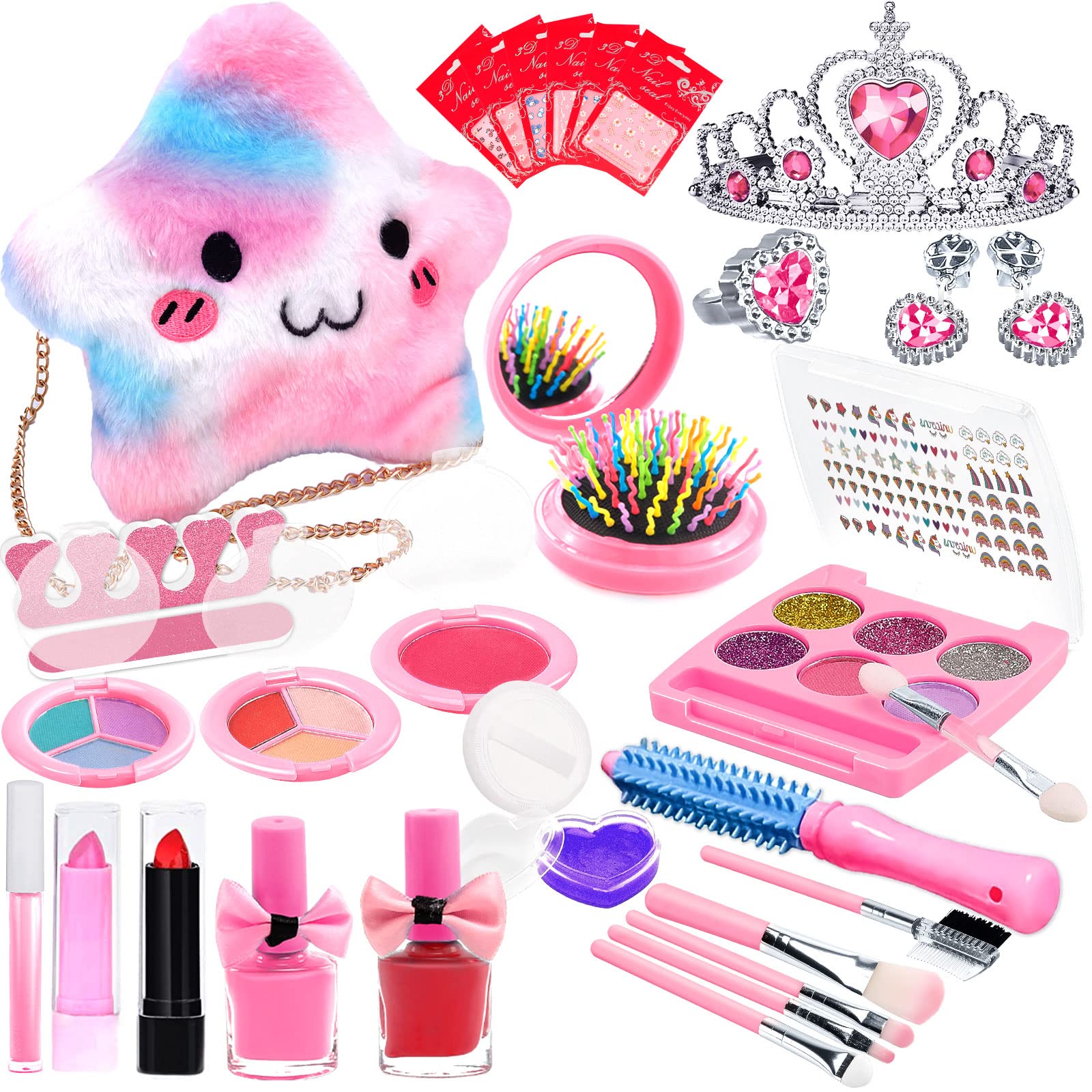 McNory 33-Piece Washable Makeup Kit for Girls - Safe & Non-Toxic Princess Toy for Ages 5-7+ | Birthday & Dress-Up Play