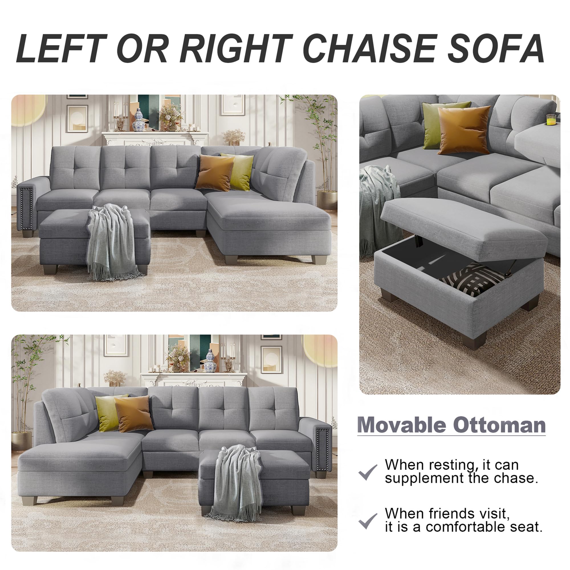 P PURLOVE L-Shaped Sectional Sofa with Reversible Chaise Lounge, Storage Ottoman & Cup Holders - Modern Living Room Furniture Set with Nail Head Trim in Light Gray | Perfect for Small Spaces, Apartments & Cozy Home Decor