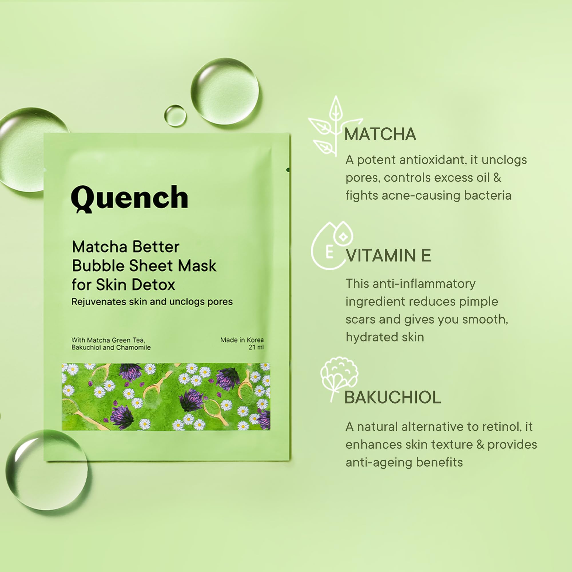 QUENCH BOTANICS Korean Bubble Sheet Mask with Matcha Green Tea & Antioxidants | Self-Foaming Face Mask for Glowing Skin | Deep Cleansing & Purifying | Made in Korea (1 Pack, 21ml) | Perfect for Spa Night & Self-Care Routine
