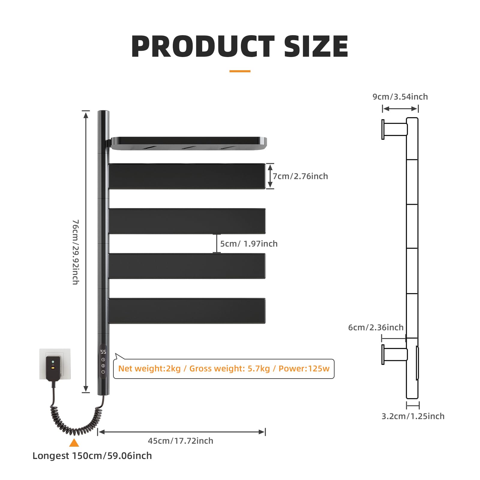 Swivel Heated Towel Rack - Wall Mounted Electric Towel Warmer with 4 Adjustable Bars & Built-in Timer for Bathroom, Salon & Spa - Includes Storage Tray - Perfect for Drying & Warming Towels, Robes & Bath Accessories (G69-Black)