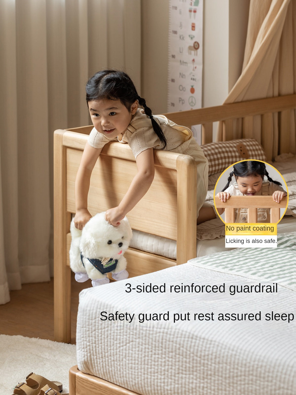 Solid Wood Poplar Kids Bed with Guardrail - Safe & Sturdy Toddler Bed for Nursery, Bedroom, or Playroom