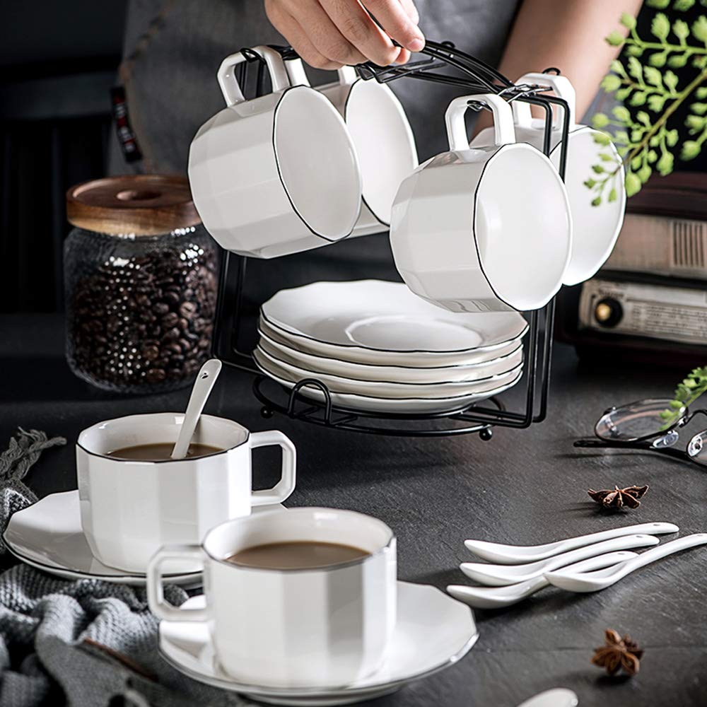 Premium 7 oz Porcelain Cappuccino Cups and Saucers Set of 6 - Elegant White with Black Trim for Specialty Coffee Drinks, Latte, Americano & Tea - Perfect for Home Cafes, Coffee Shops & Gifts