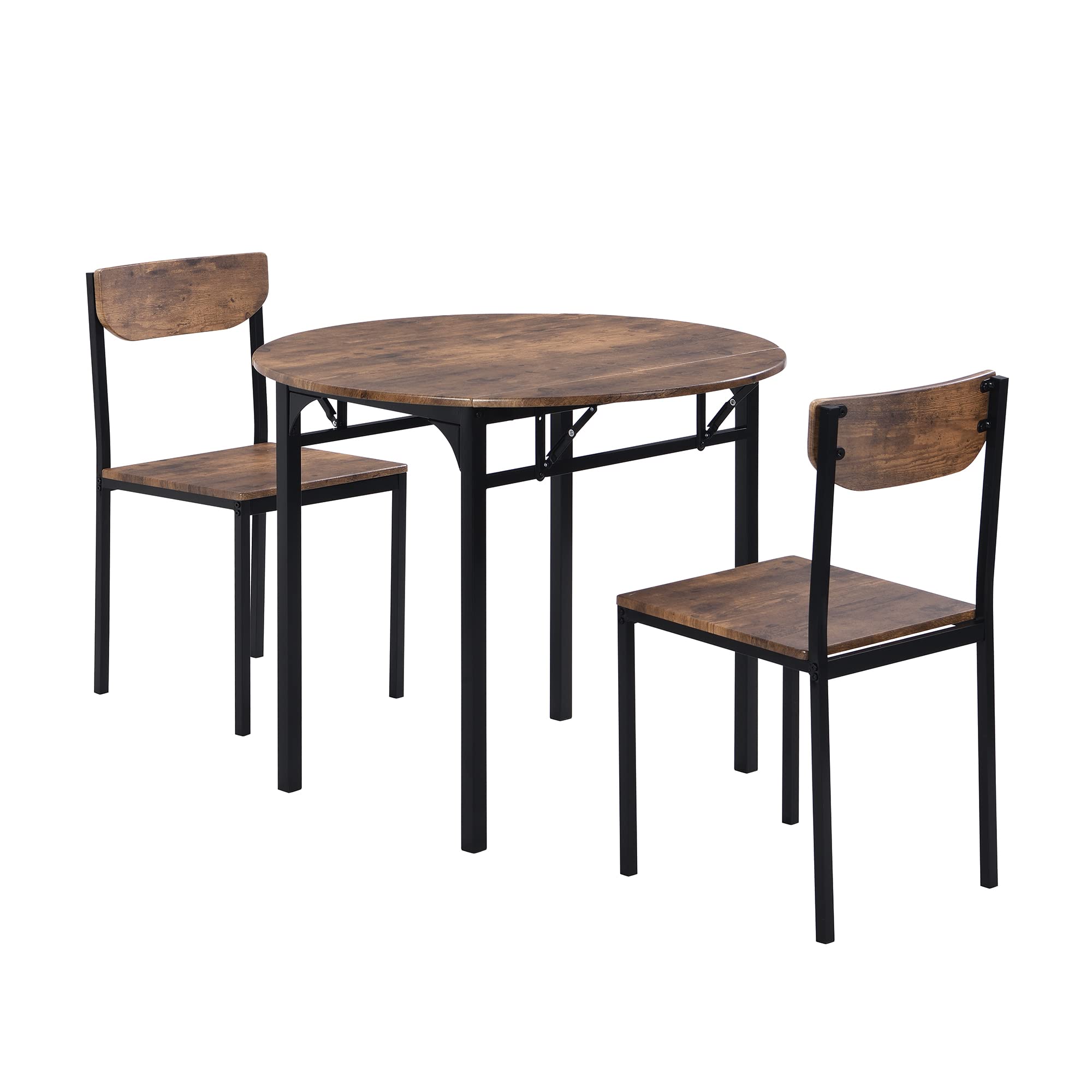 P PURLOVE 3-Piece Round Solid Wood Dining Table Set with 2 Chairs - Farmhouse Drop Leaf Kitchen Table for Small Spaces, Apartments & Compact Homes | Perfect for Breakfast Nooks, Cozy Kitchens & Studio Living