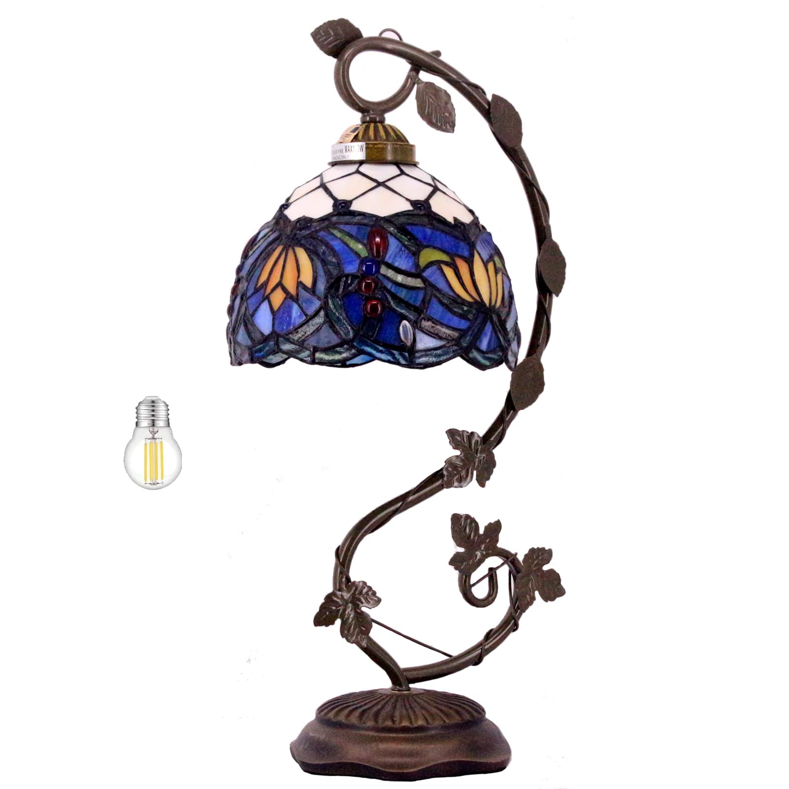 Tiffany Style Blue Stained Glass Lotus Table Lamp with Metal Leaf Base - 8x10x21 Inch Desk Reading Light for Bedroom, Home Office & Small Space Decor | S220 Series | Perfect for Cozy Reading Nooks & Nightstand Lighting