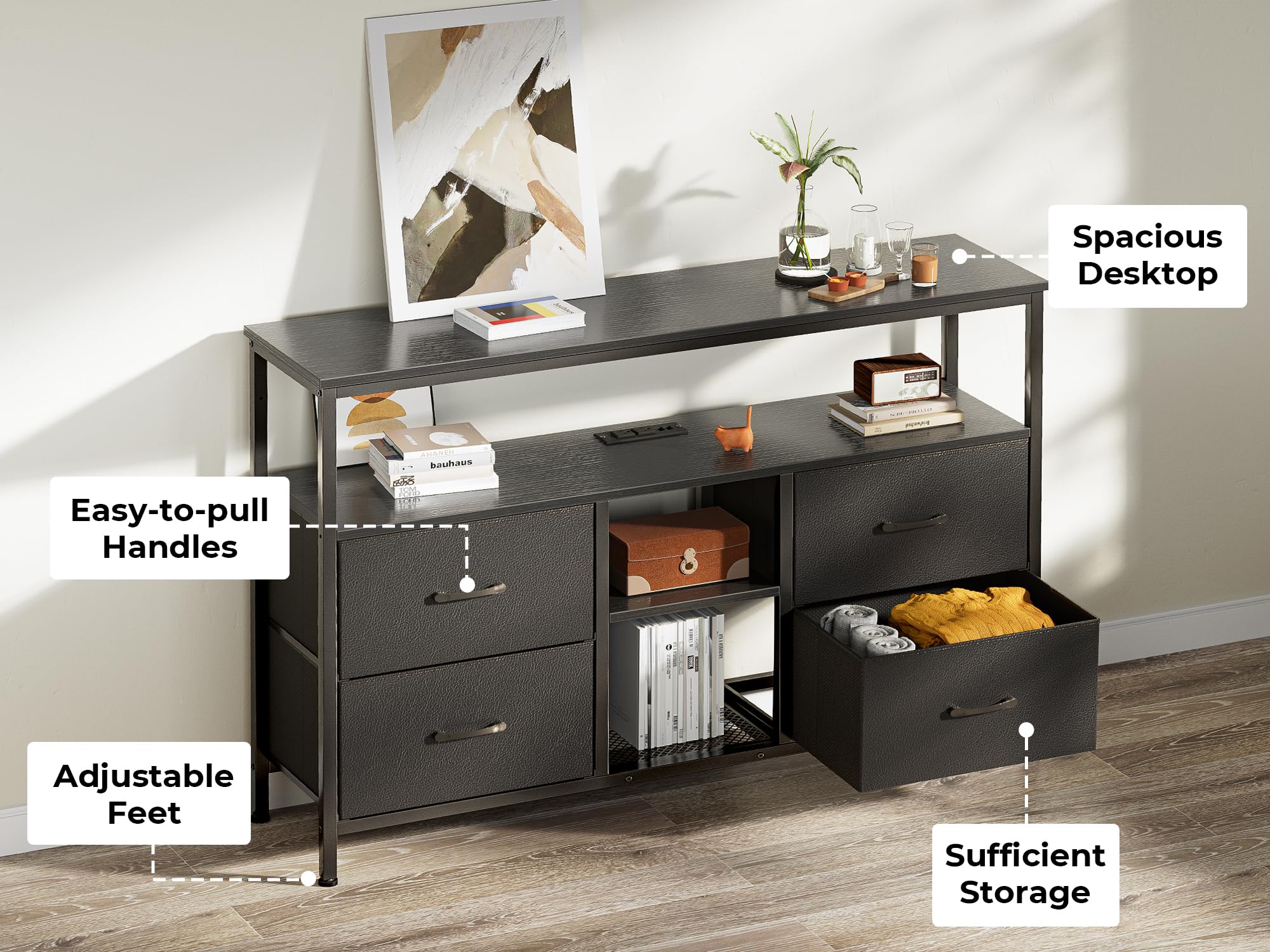Huuger 50 Inch TV Stand with Power Outlets & LED Lights - 4-Drawer Media Console with Open Shelf, PU Finish Entertainment Center for 43-50