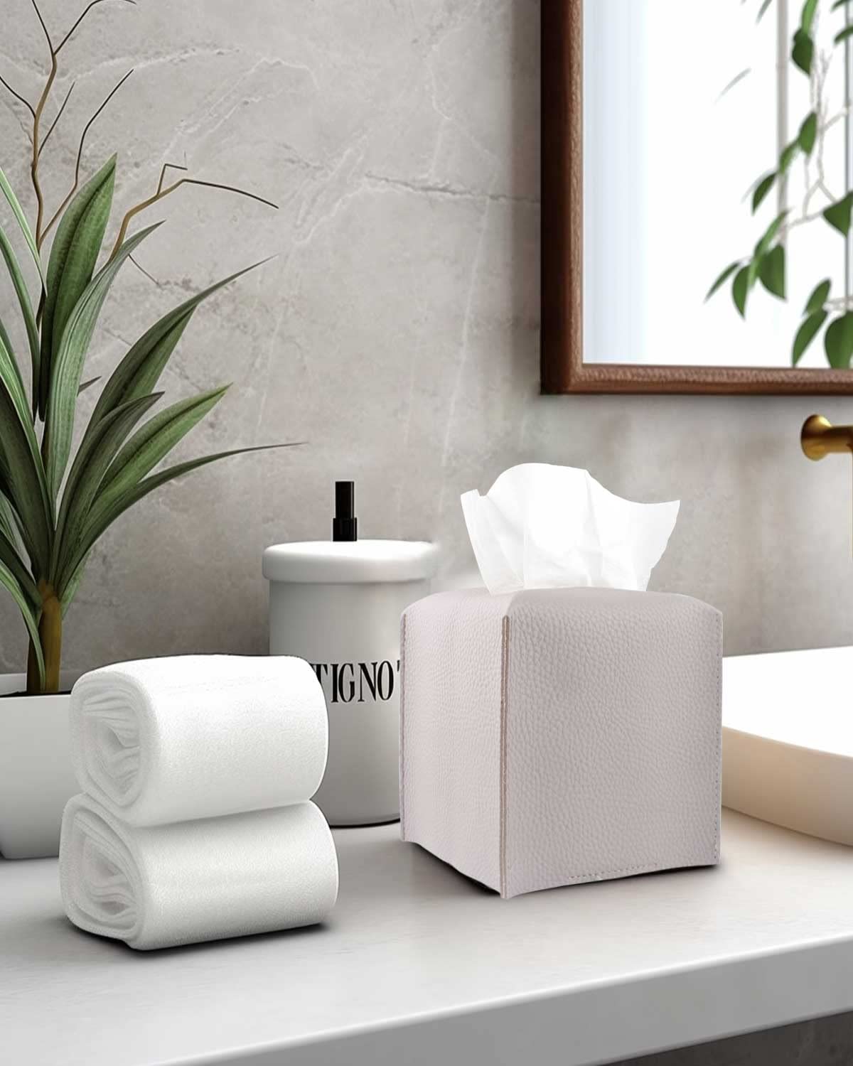 JESMINI Modern PU Leather Tissue Box Cover – Light Purple Square Design with Bottom Belt, Decorative Holder for Bathroom Vanity, Nightstand & Office Desk (5x5x5 inches) – Perfect for Home Decor & Gift Giving