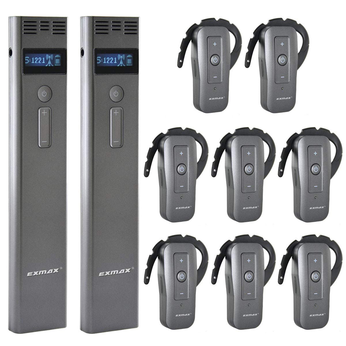 EXMAX EXD-6688 2.4GHz Wireless Tour Guide System with 2 Transmitters & 8 Receivers - Dual Channel Simultaneous Translation Headset for Museum Tours, Conference Interpretation, and Multilingual Presentations