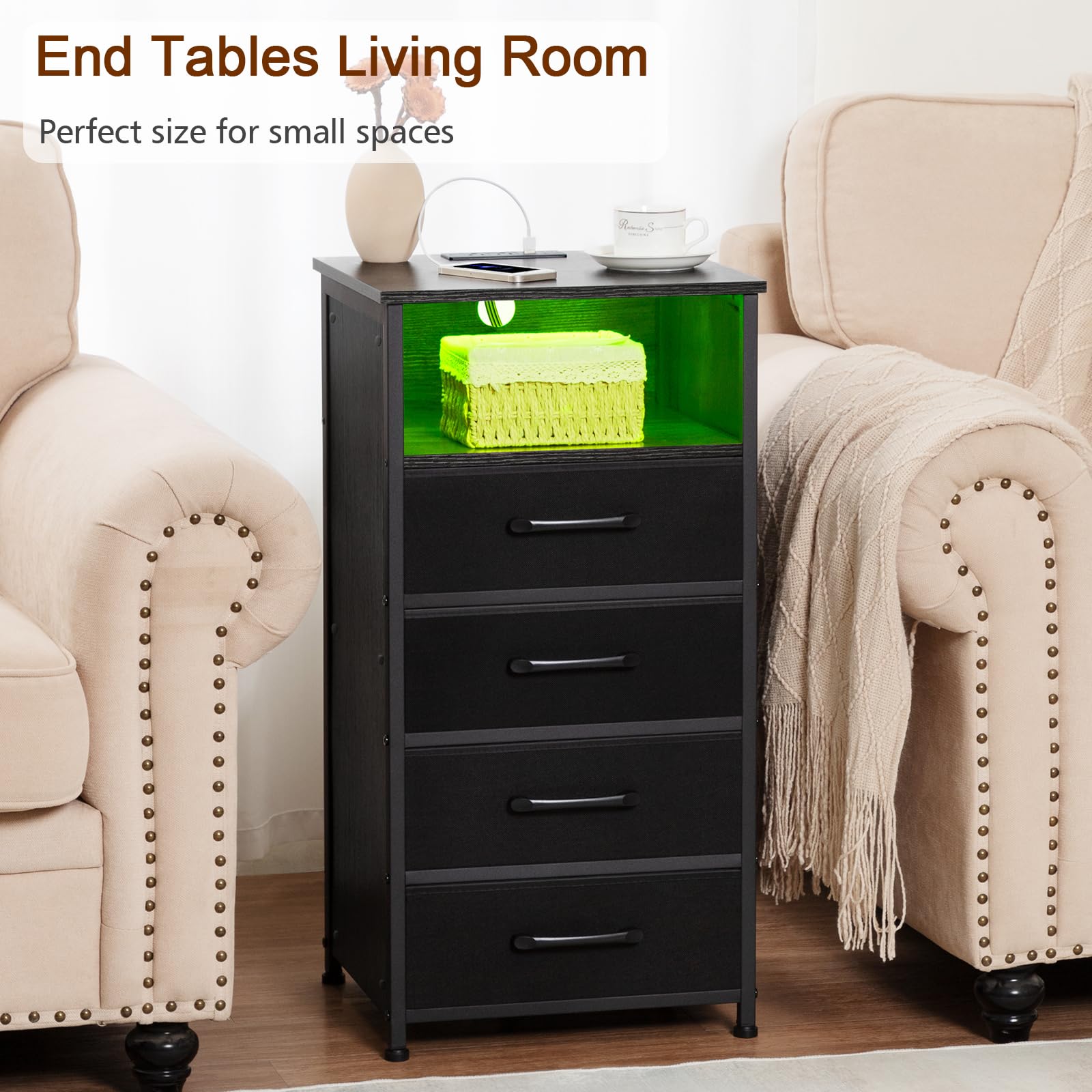 Modern Night Stand Set of 2 with USB Charging Station & LED Lights - Tall Bedside Tables with 4 Drawers & Storage Bins - Black Bedroom Dresser with Outlets (HNS034BK) - Perfect for Small Spaces, Guest Rooms & Apartment Bedrooms