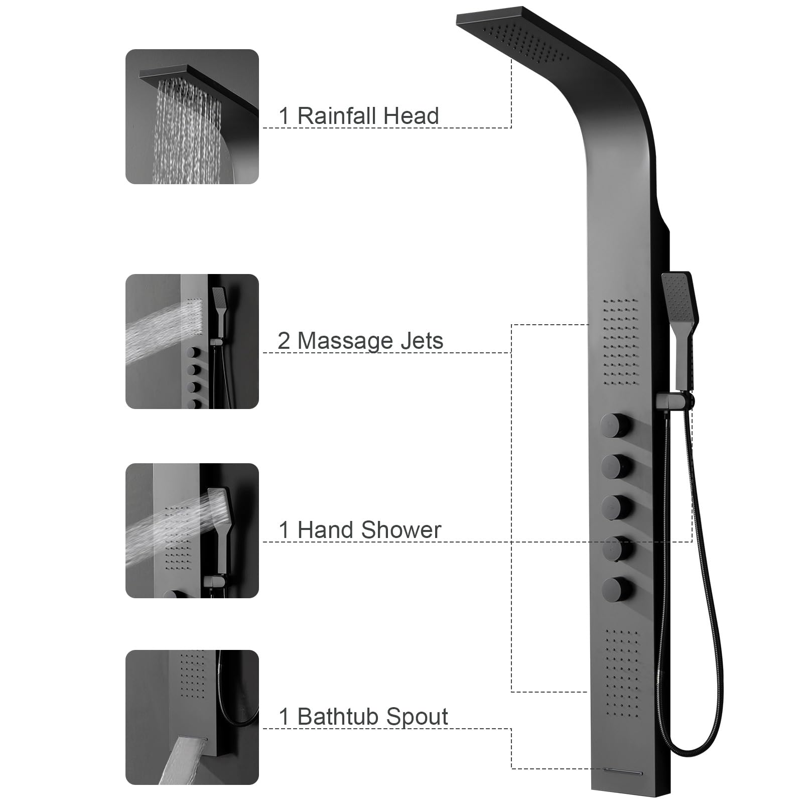 BWE Black Stainless Steel Shower Tower Panel System - Multi-Function Wall Mount Shower Column with Rainfall Shower Head & Handheld Wand for Luxurious Bathroom Experience | Perfect for Modern Home Spa & Master Bathroom Renovation