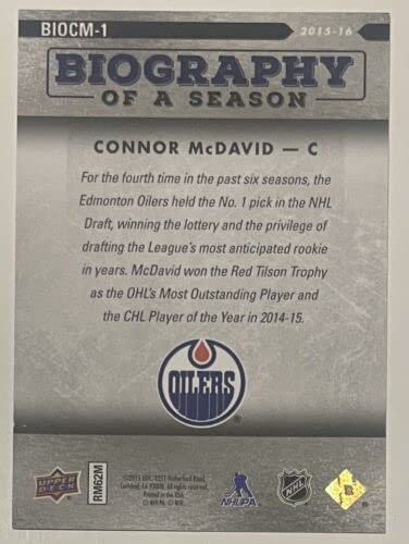 2015-16 Upper Deck Connor McDavid Rookie Hockey Card #BIOCM1 - Edmonton Oilers NHL Collectible - Perfect for Sports Memorabilia Collections & Hockey Fan Gifts