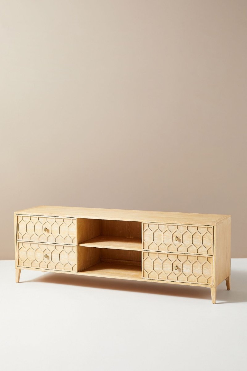 Sand-Colored Carved Textured Trellis TV Stand | Modern Entertainment Center for Living Room, Home Theater & Media Storage