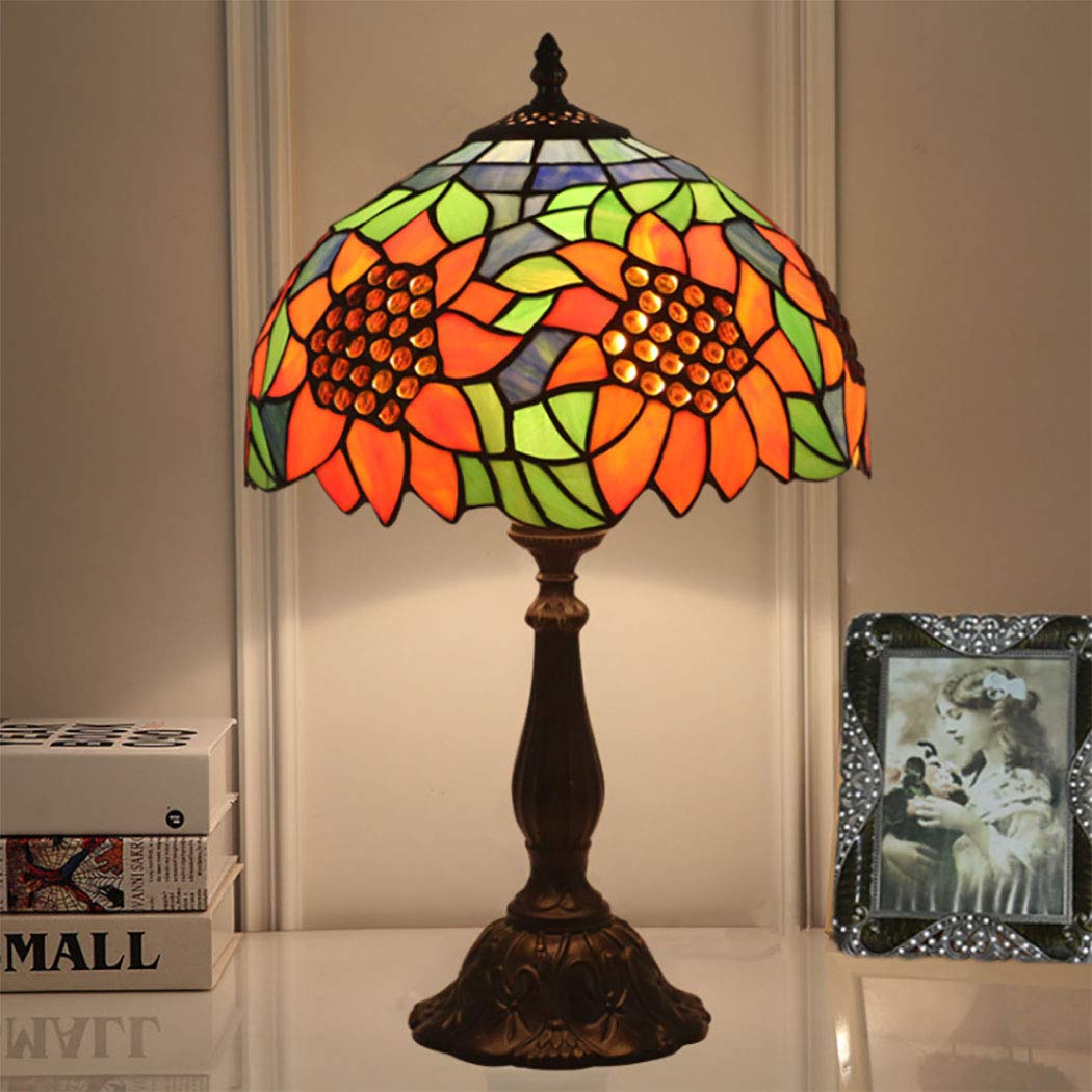 12 Inch Tiffany Style Orange Blue Stained Glass Table Lamp - Pastoral Sunflower Green Leaves Design for Living Room, Bedroom & Study | Perfect Reading Lamp & Bedside Night Light