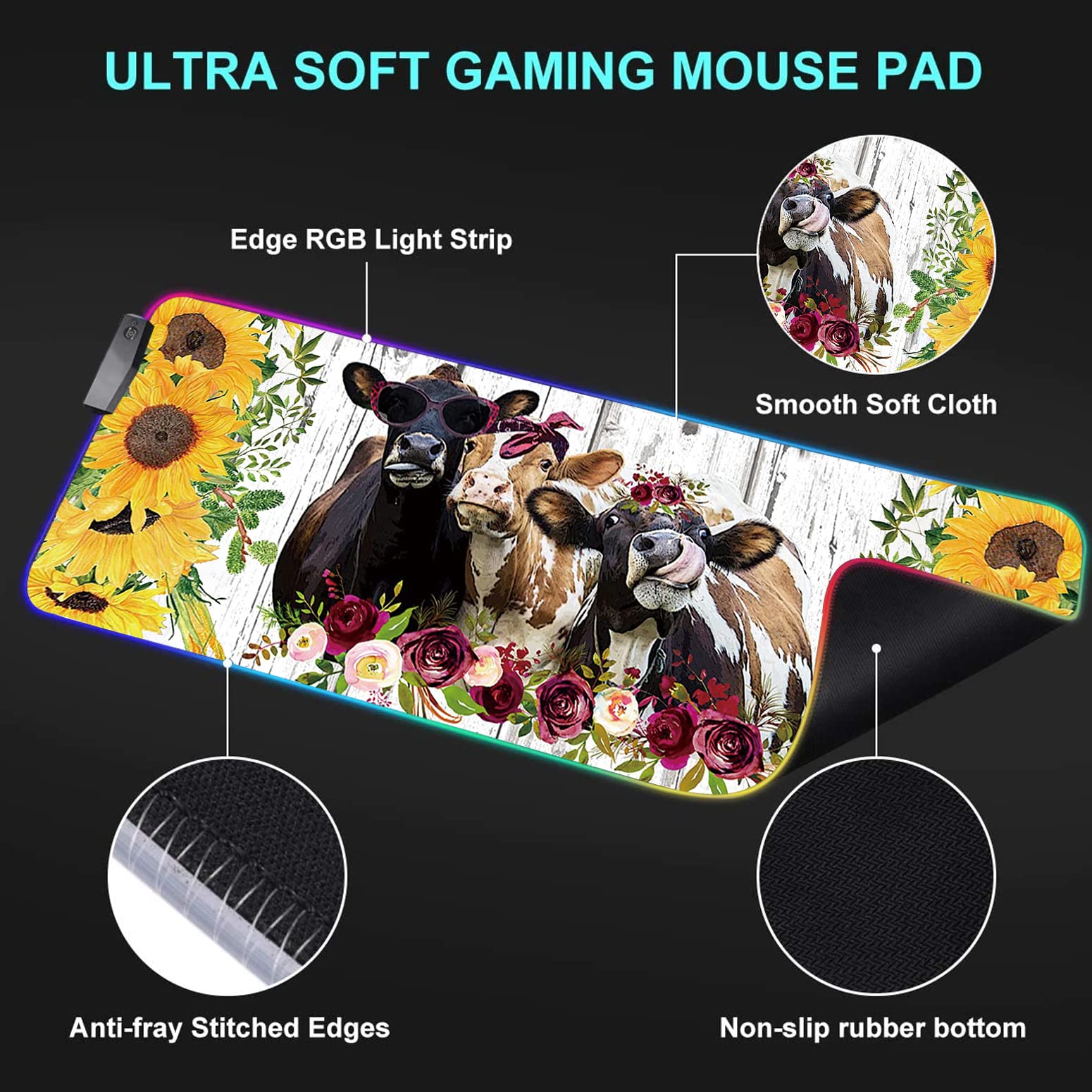 RGB Gaming Mouse Pad - Large LED Light-Up Desk Mat with Non-Slip Base | Waterproof Optical Surface for PC Gaming | Perfect for Gamers & Office Work | Sunflower & Cow Animal Designs