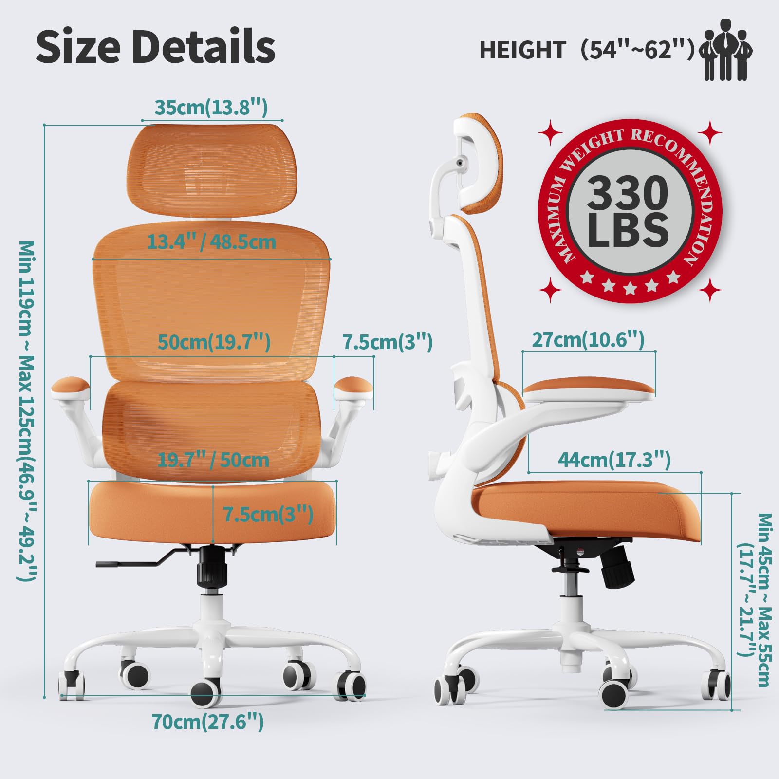 Ergonomic Office Chair with High Back & Mesh Seat - 330 LBS Capacity, Rolling Wheels for Home & Gaming - Comfortable Desk Chair for Long Hours Work (Orange) - Perfect for Home Office, Gaming Setup & Workspace