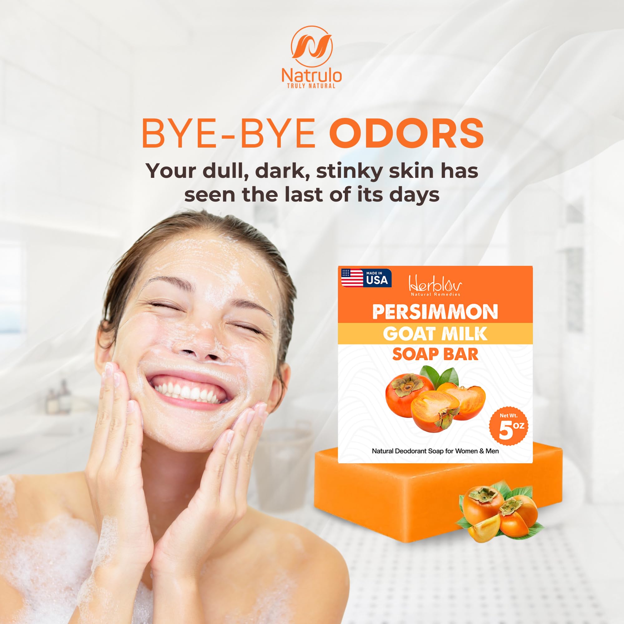 Natural Persimmon Soap Bar for Body Odor Control - Purifying Deodorizing Goat Milk Body Wash for Men & Women - Skin Brightening & Odor Elimination - Perfect for Daily Shower, Gym, Travel & Sensitive Skin Care