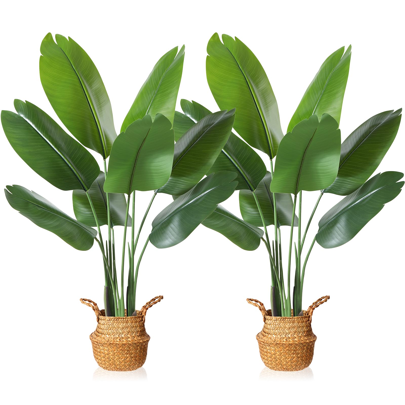 MOSADE 4FT Artificial Bird of Paradise Plant - Tall Fake Tropical Palm Tree with Woven Seagrass Basket, Realistic Faux Tree, 8 Detachable Trunks Silk Plants for Modern Home Decor, Indoor Office, Living Room, Bedroom, or Balcony - 2 Pack