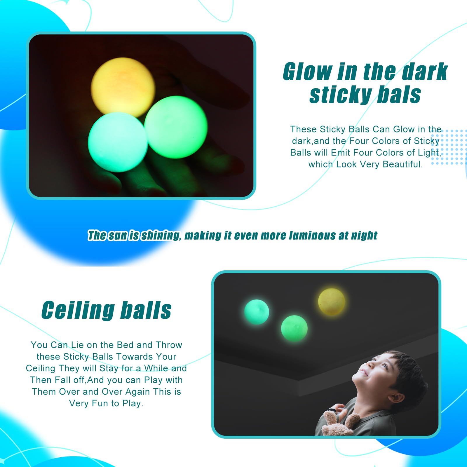 Glow in The Dark Sticky Ceiling Balls 3 Pack - Fun Stress Relief Toys for Kids & Adults - Perfect for Bedroom Decor, Party Favors and Sensory Play