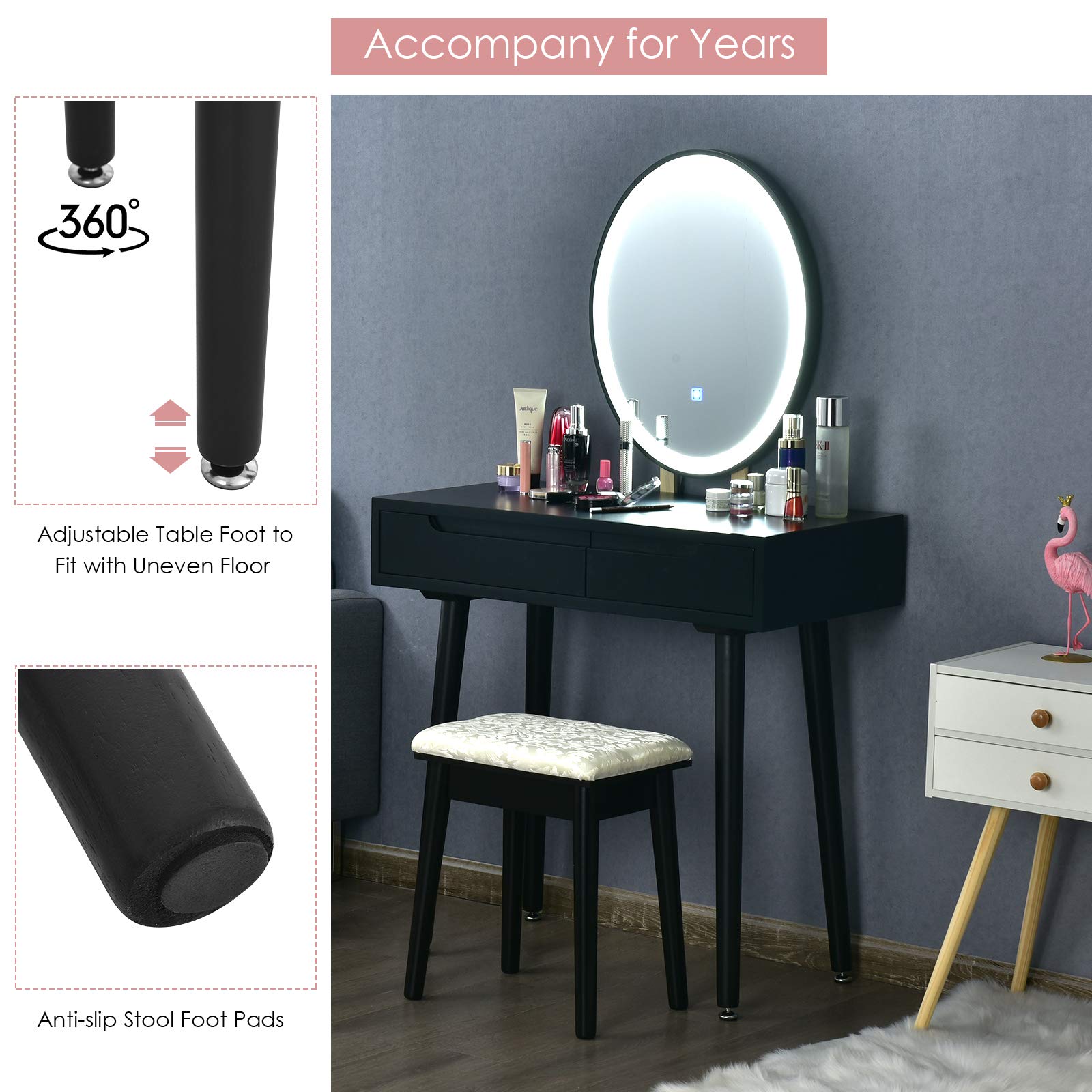 CHARMAID Vanity Set with LED Lighted Mirror - 3 Adjustable Brightness Modes, Makeup Dressing Table with Cushioned Stool, 2 Sliding Drawers & Organizer - Modern Bedroom Vanity for Women & Girls (Black) | Perfect for Makeup Application, Skincare Routine & Bedroom Decor