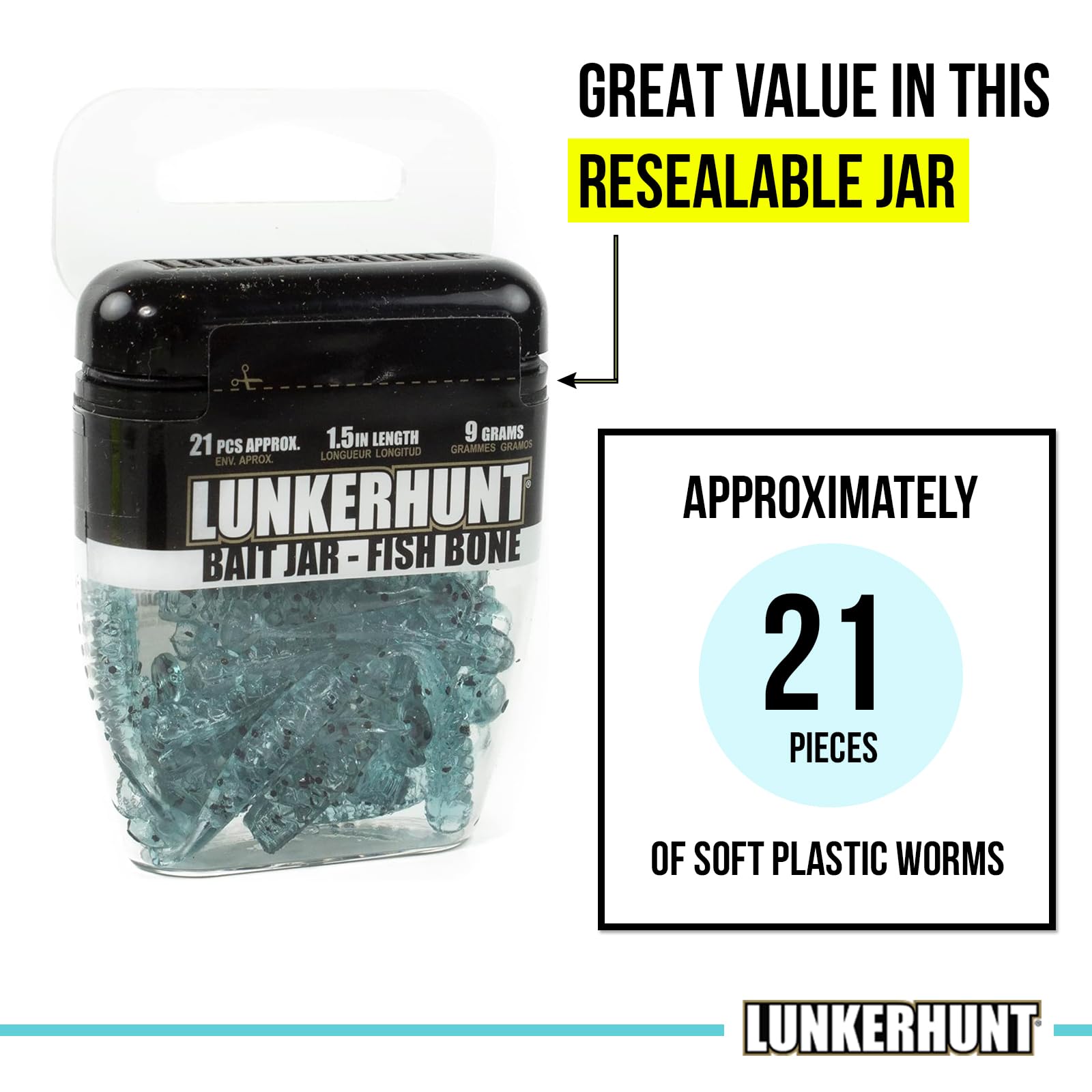 LUNKERHUNT Scented Fishing Bait Jar - 1.5 Inch Durable Soft Plastic Lures for Bass, Trout & Pike | Long-Lasting Attractant for Ice Fishing & Freshwater Angling | Reusable Artificial Bait for All Seasons
