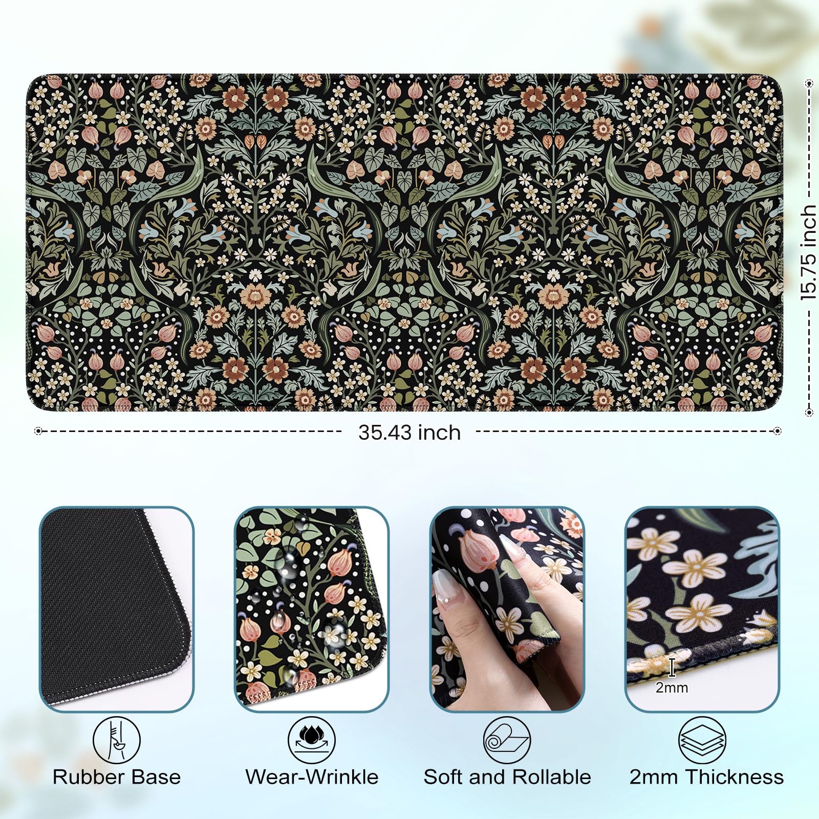 HAOCOO XXL Non-Slip Desk Mat with Stitched Edge - Extra Large Keyboard and Mouse Pad for Office & Gaming, Floral Design (Black) - Perfect for Workstations, Home Offices, and PC Gaming Setups