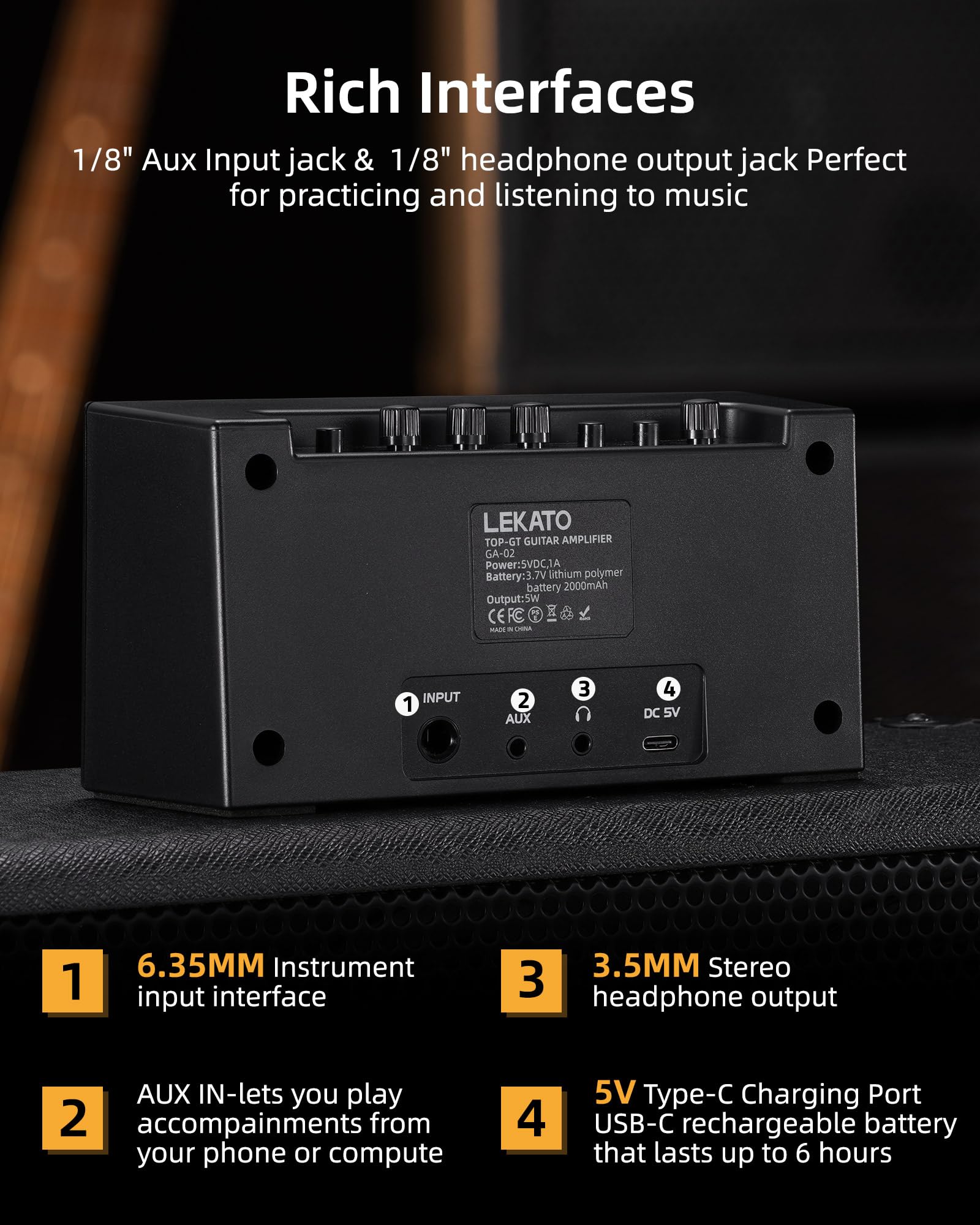 LEKATO 5W Mini Electric Guitar Amplifier with Clean & Overdrive Effects - Portable Bluetooth Bass Amp for Daily Practice, Home & Studio Use - Black