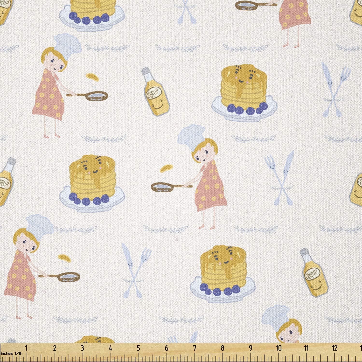 Lunarable Pastel Chef Girl & Happy Pancakes Stretch Knit Fabric - 10 Yards Pale Eggshell Multicolor for Clothing Sewing, DIY Arts & Crafts - Perfect for Aprons, Kitchen Decor & Quilting Projects
