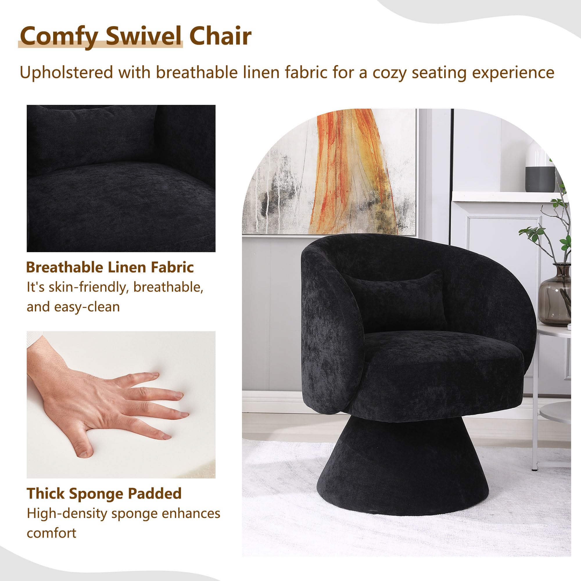 Set of 2 Swivel Accent Chairs - Upholstered Armchairs with Soft Pillows, Round Barrel Design for Living Room, Bedroom & Office - Black Linen Fabric | Perfect for Small Spaces, Reading Nooks & Cozy Conversation Areas