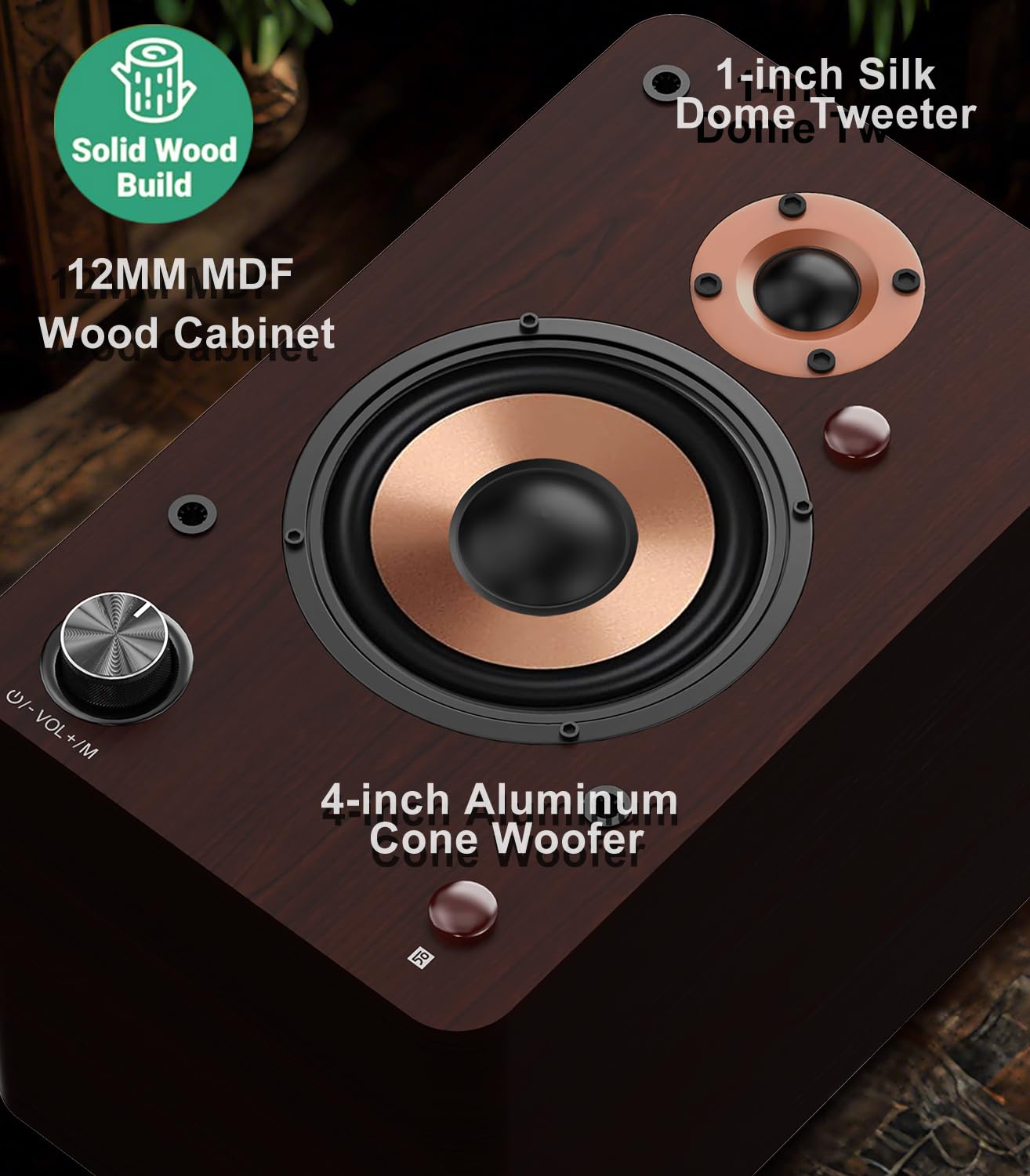 LONPOO 100W Active Bookshelf Speakers with Bluetooth, 4'' Woofer - Optical/Coaxial/RCA/USB/AUX Input for PC, TV, Turntable - LP42M Brown - Perfect for Home Office, Gaming & Music Listening