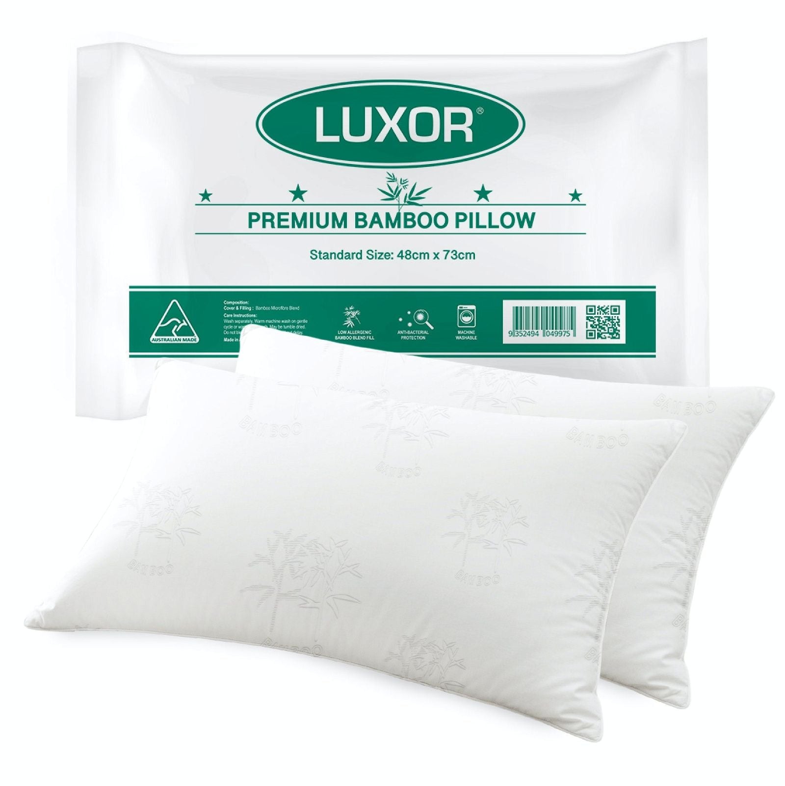 Luxor Australian Made Bamboo Cooling Pillow - Standard Size Twin Pack for Hot Sleepers & Night Sweat Relief - Perfect for Side Sleepers & Back Pain Relief