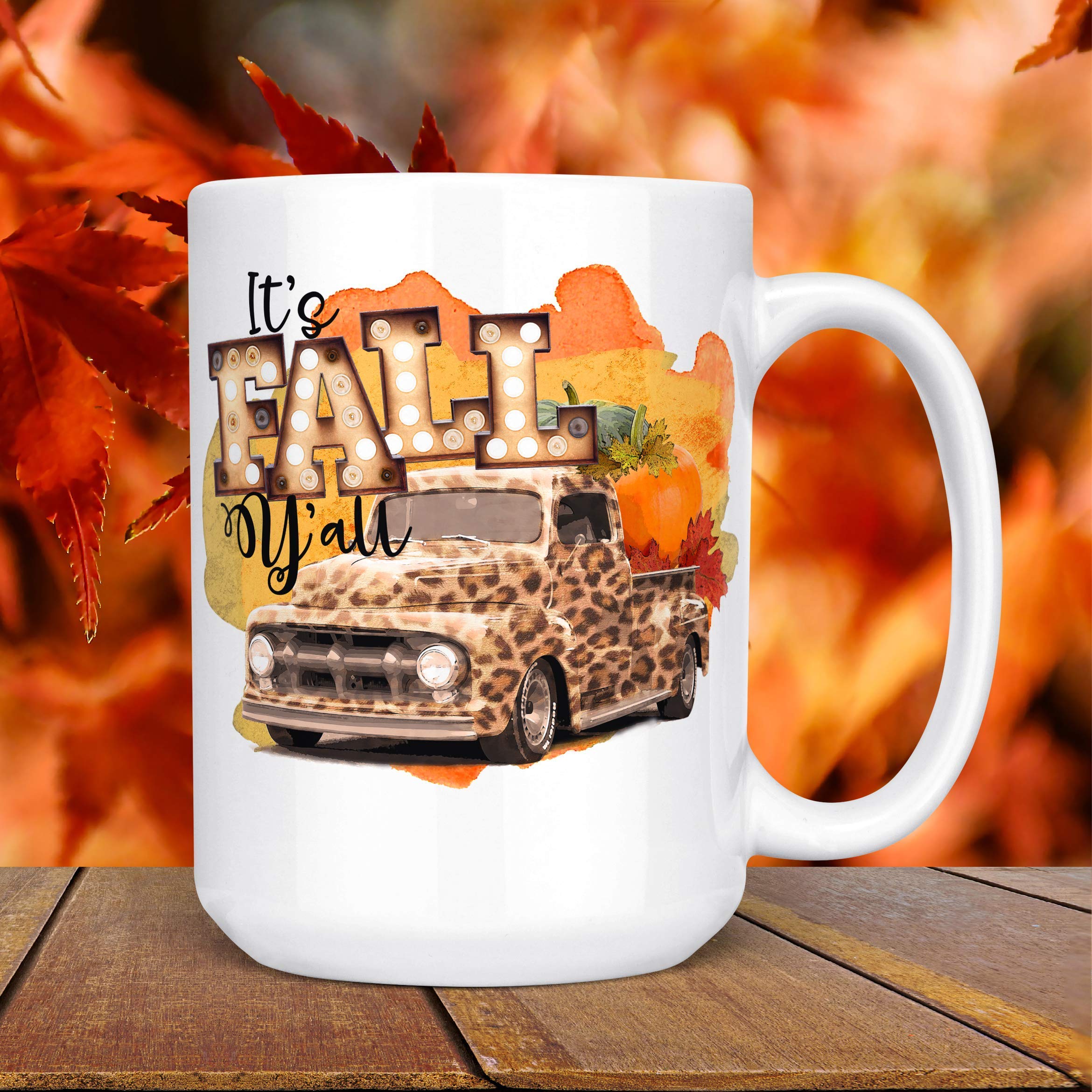Fall Y'all Coffee Mug - Autumn Themed Ceramic Cup | Microwave & Dishwasher Safe | Pumpkin Leopard Print Truck Design | Perfect for Pumpkin Spice Lattes, Office Use & Cozy Fall Mornings