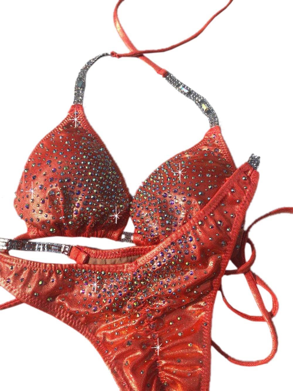 Orange Coral Rhinestone Bikini Set - Competition Swimsuit for NPC Bikini Shows with Clustered Ab Stones (Size Small HIPS 32
