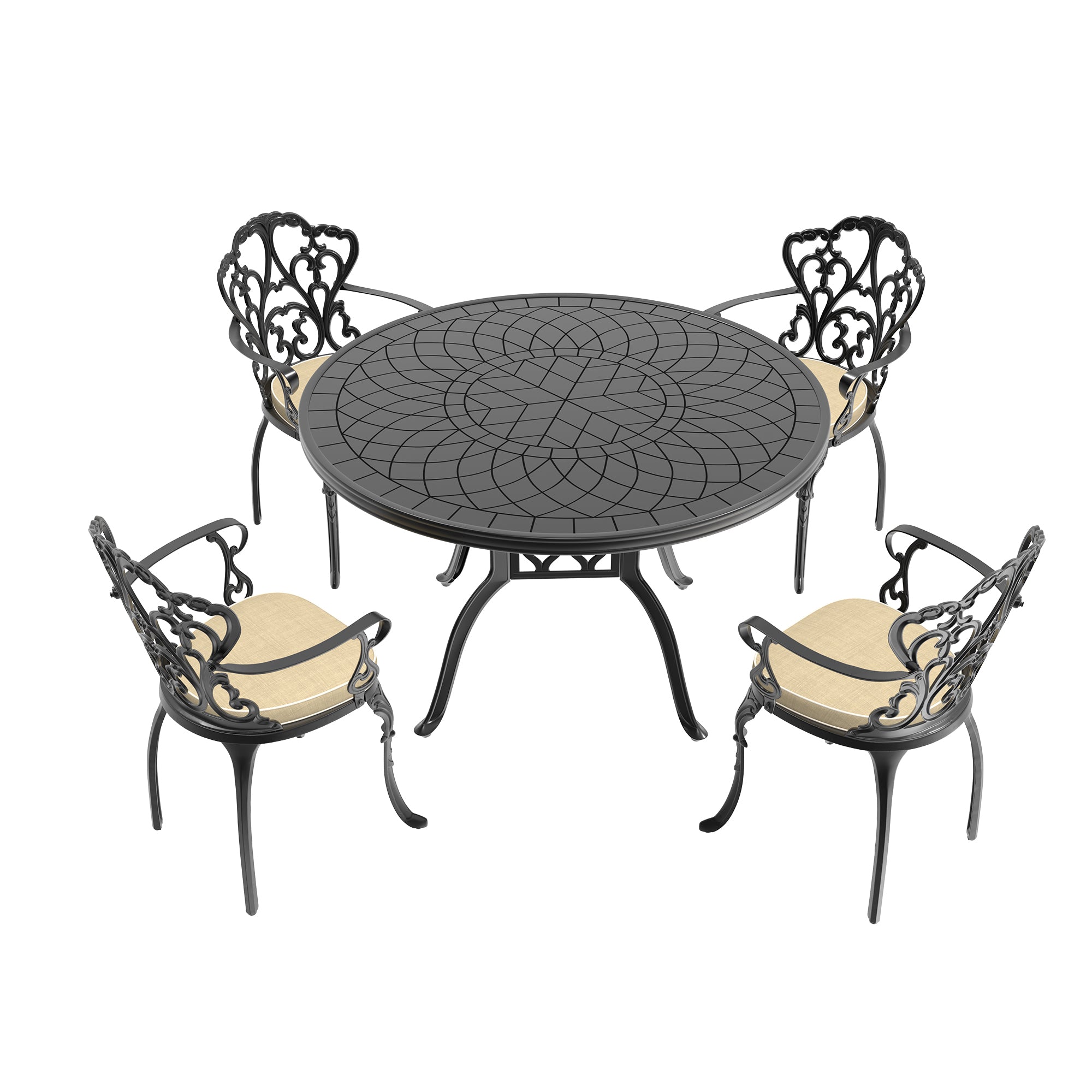 5-Piece Cast Aluminum Patio Furniture Set with Cushions - Outdoor Dining & Lounge Chairs for Garden, Poolside, or Backyard Relaxation